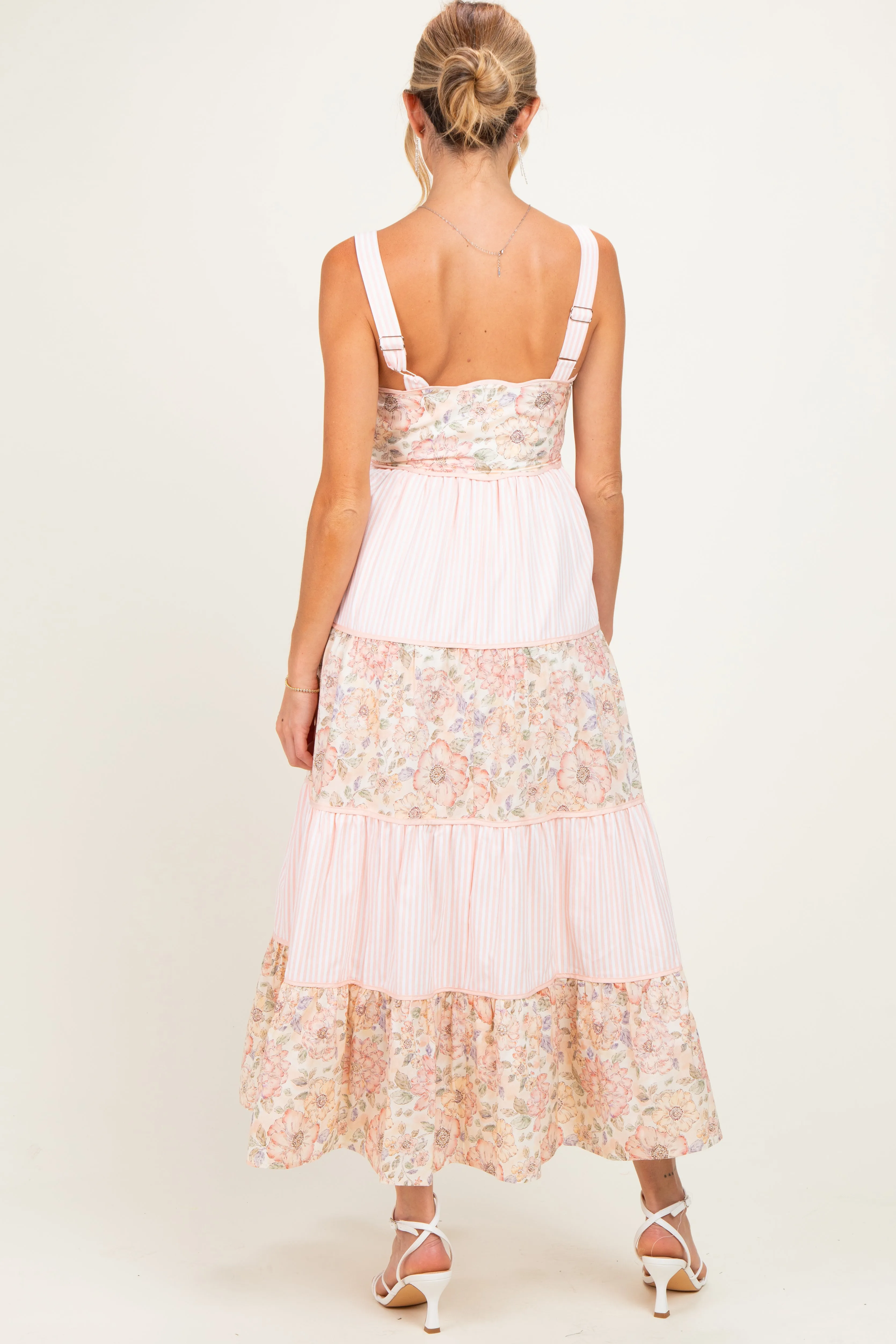 Peach Multi Floral Tiered Sleeveless Maternity Midi Dress sold by Pinkblush product image thumbnail 3