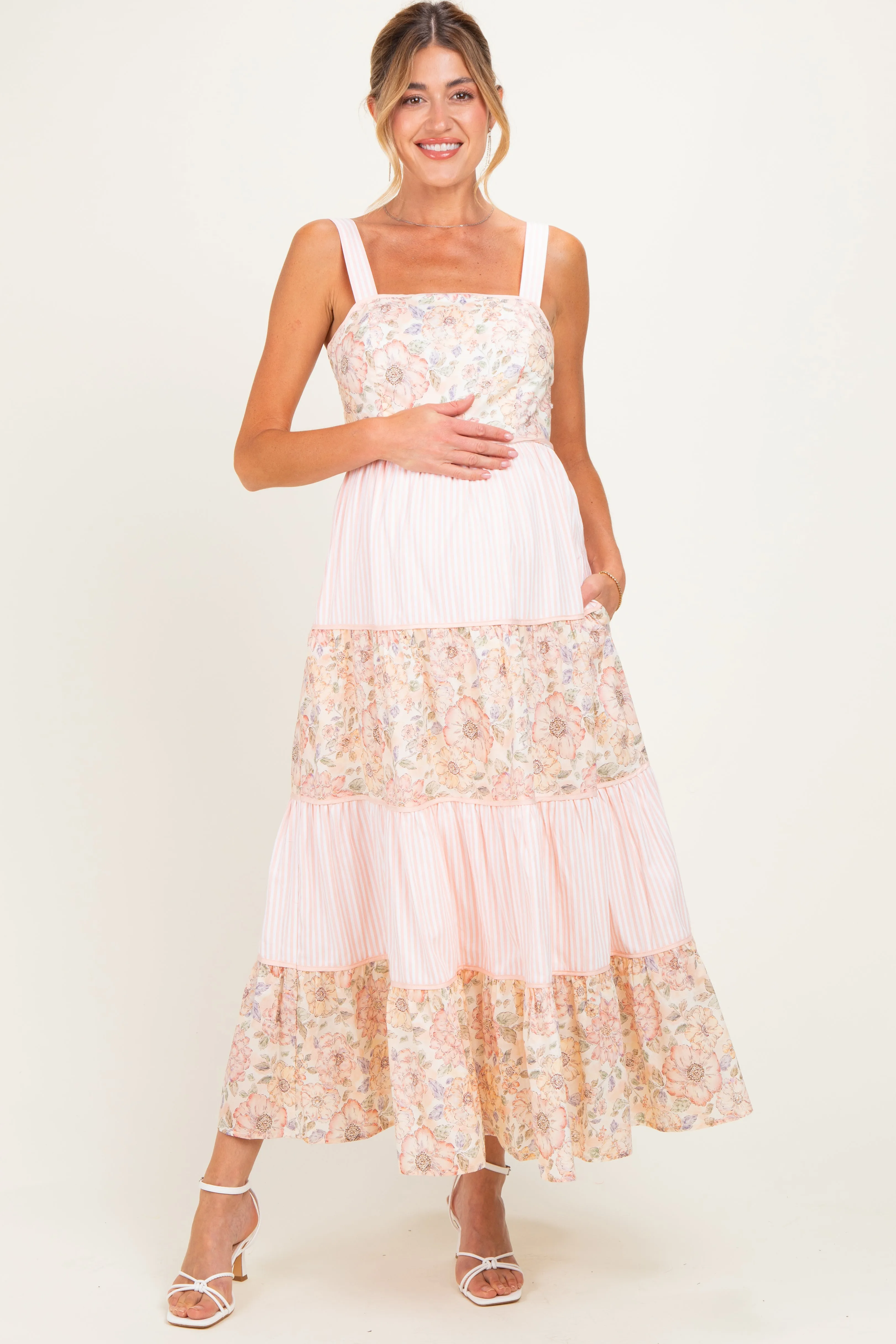 Peach Multi Floral Tiered Sleeveless Maternity Midi Dress sold by Pinkblush