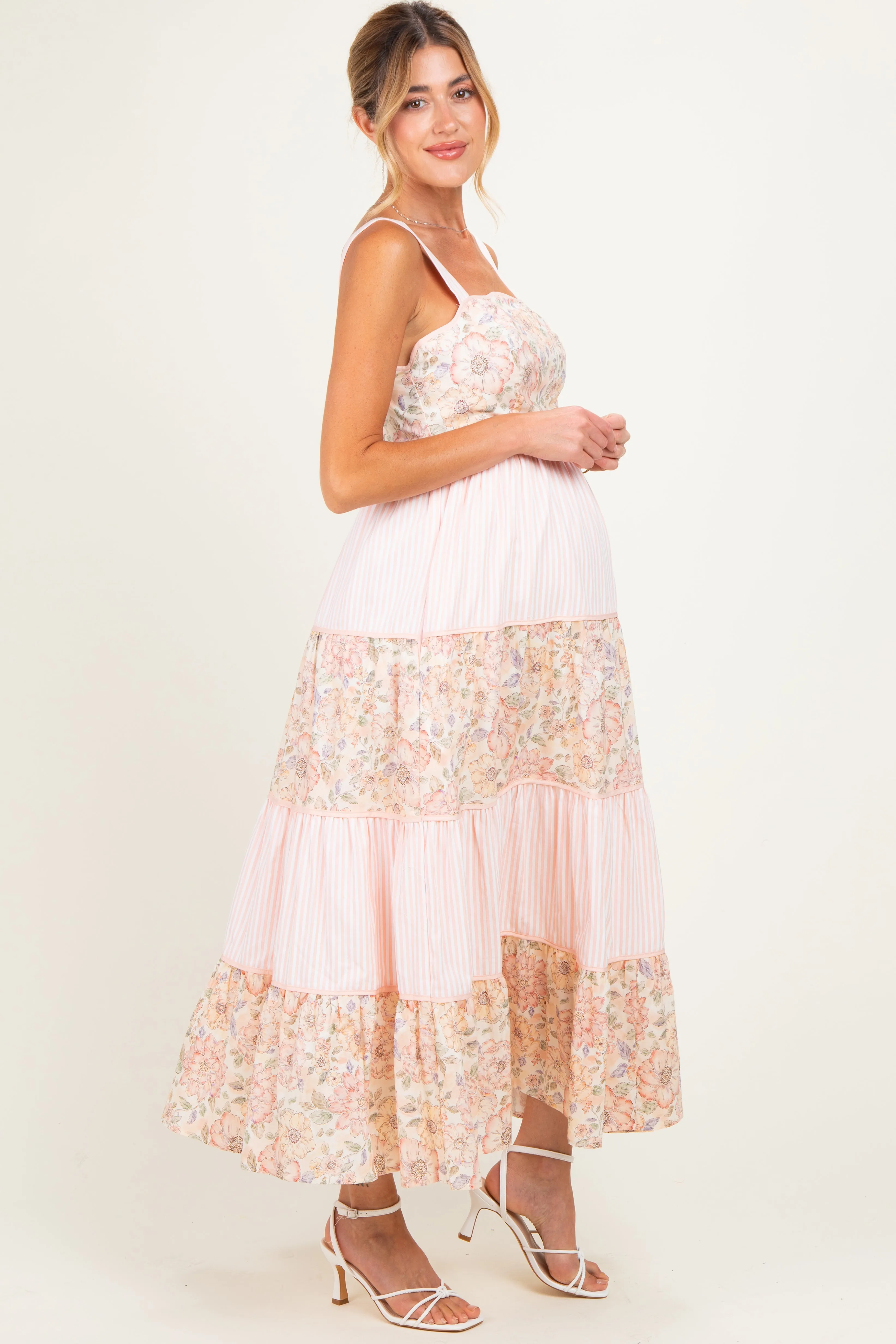 Peach Multi Floral Tiered Sleeveless Maternity Midi Dress sold by Pinkblush product image thumbnail 2