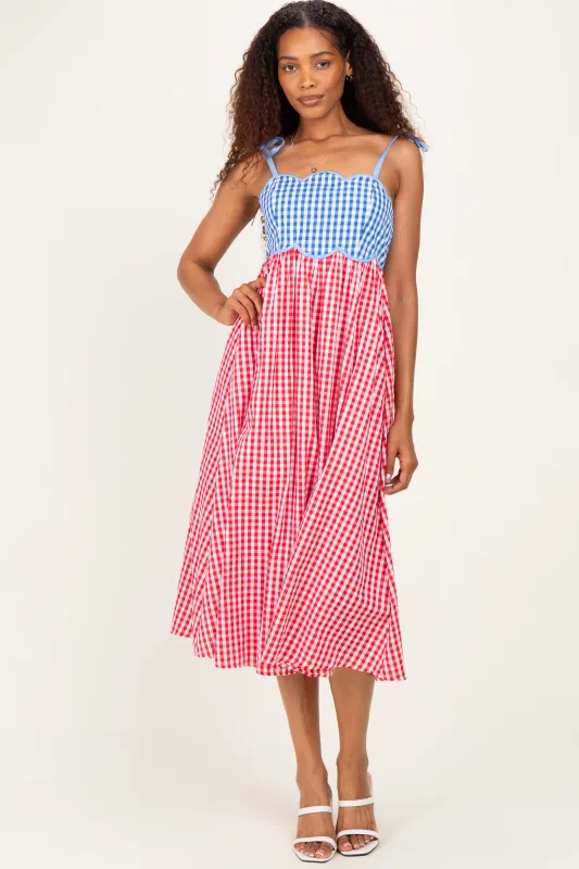 Red Gingham Colorblock Scallop Trim Midi Dress made by entro