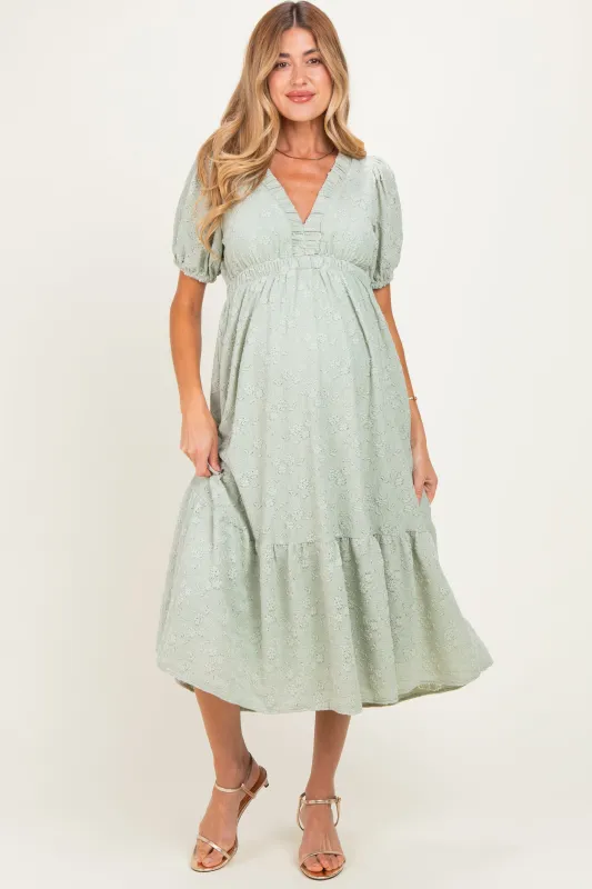 Sage Lace V-Neck Puff Sleeve Maternity Maxi Dress made by Pinkblush