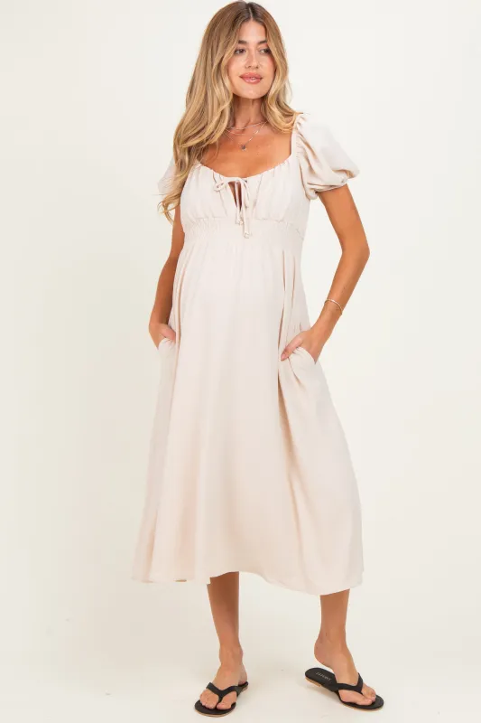 Beige Smocked Waist Short Sleeve Maternity Midi Dress made by Pinkblush