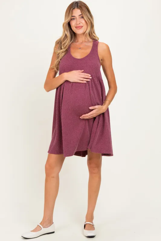 Burgundy Ribbed Sleeveless Open Back Maternity Midi Dress made by Pinkblush