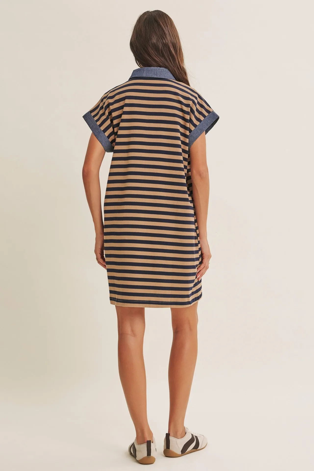 Navy/Mocha Relaxed Fit Striped Polo Mini Dress sold by Pinkblush product image thumbnail 4