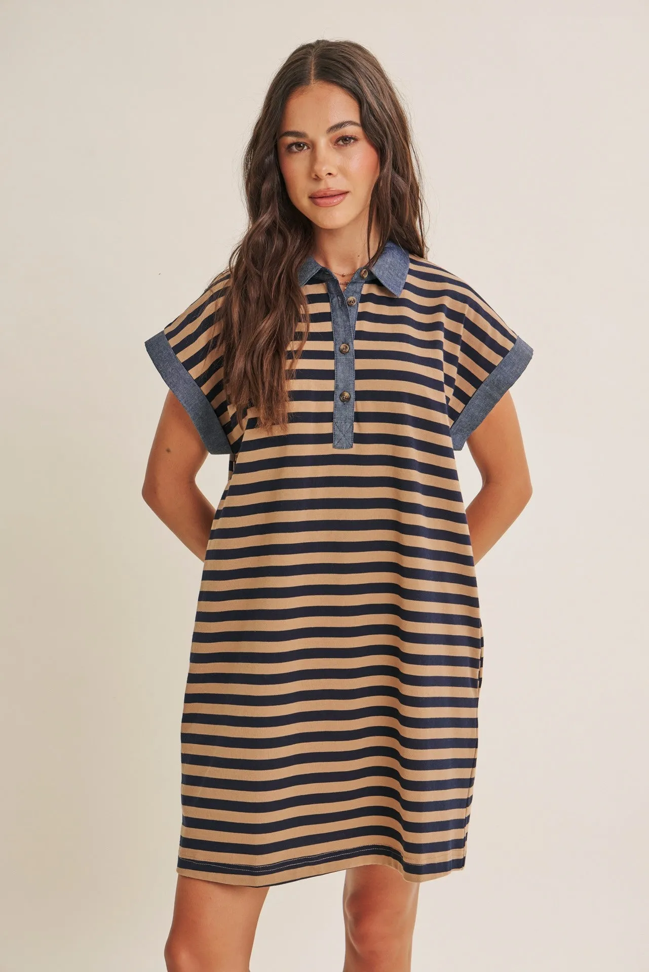 Navy/Mocha Relaxed Fit Striped Polo Mini Dress sold by Pinkblush product image thumbnail 2