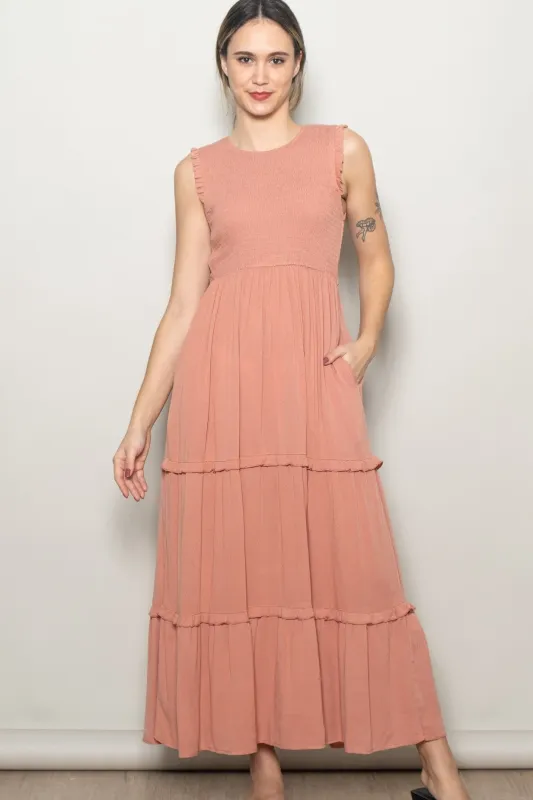 Mauve Smocked Sleeveless Tiered Maxi Dress made by Pinkblush