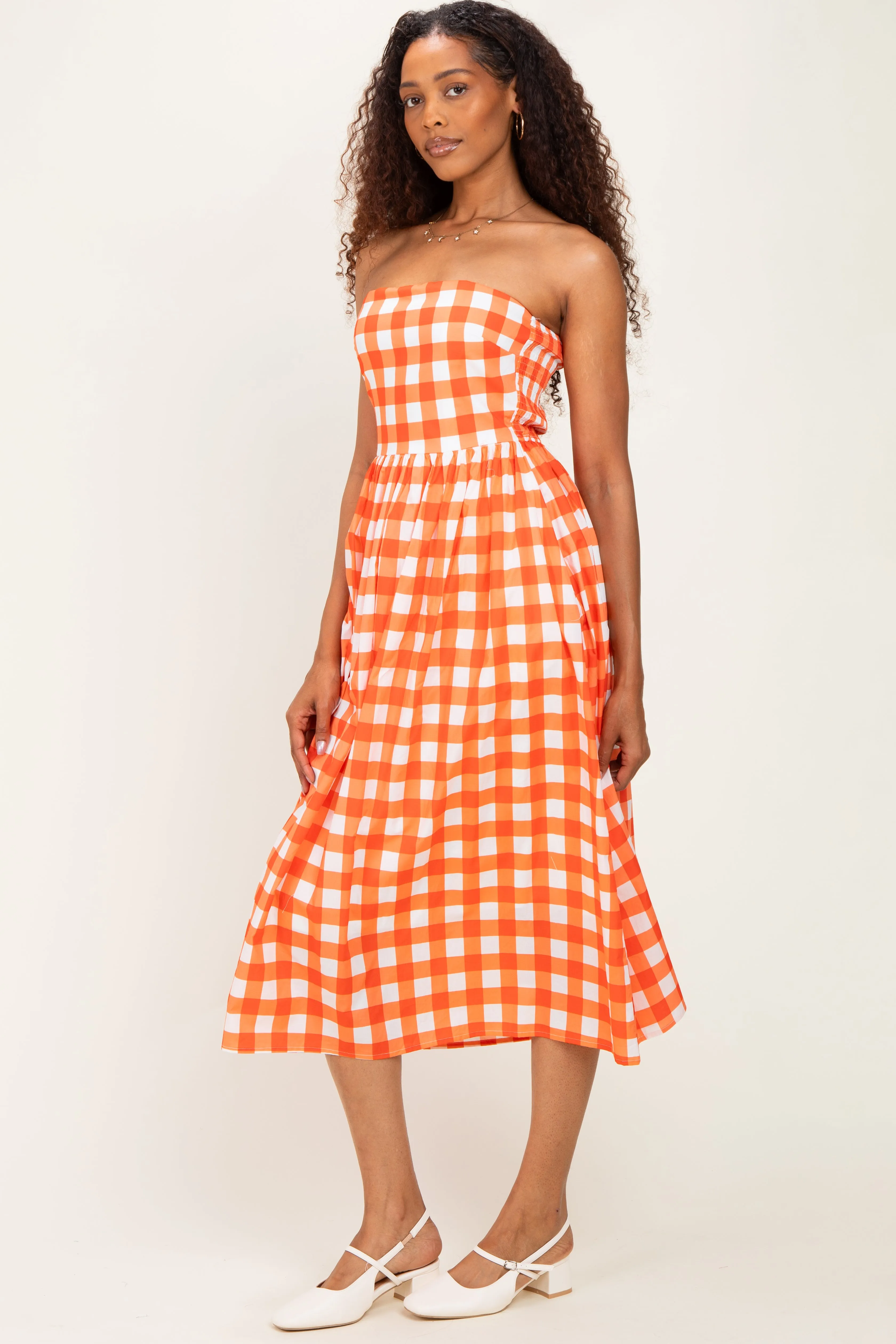 Orange Gingham Strapless Midi Dress sold by Pinkblush product image thumbnail 2