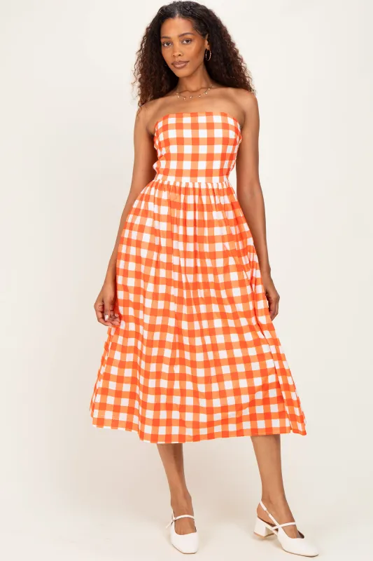 Orange Gingham Strapless Midi Dress made by entro