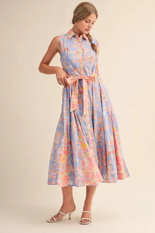 Cornflower Blue Colorblock Floral Button Down Midi Dress made by Merci