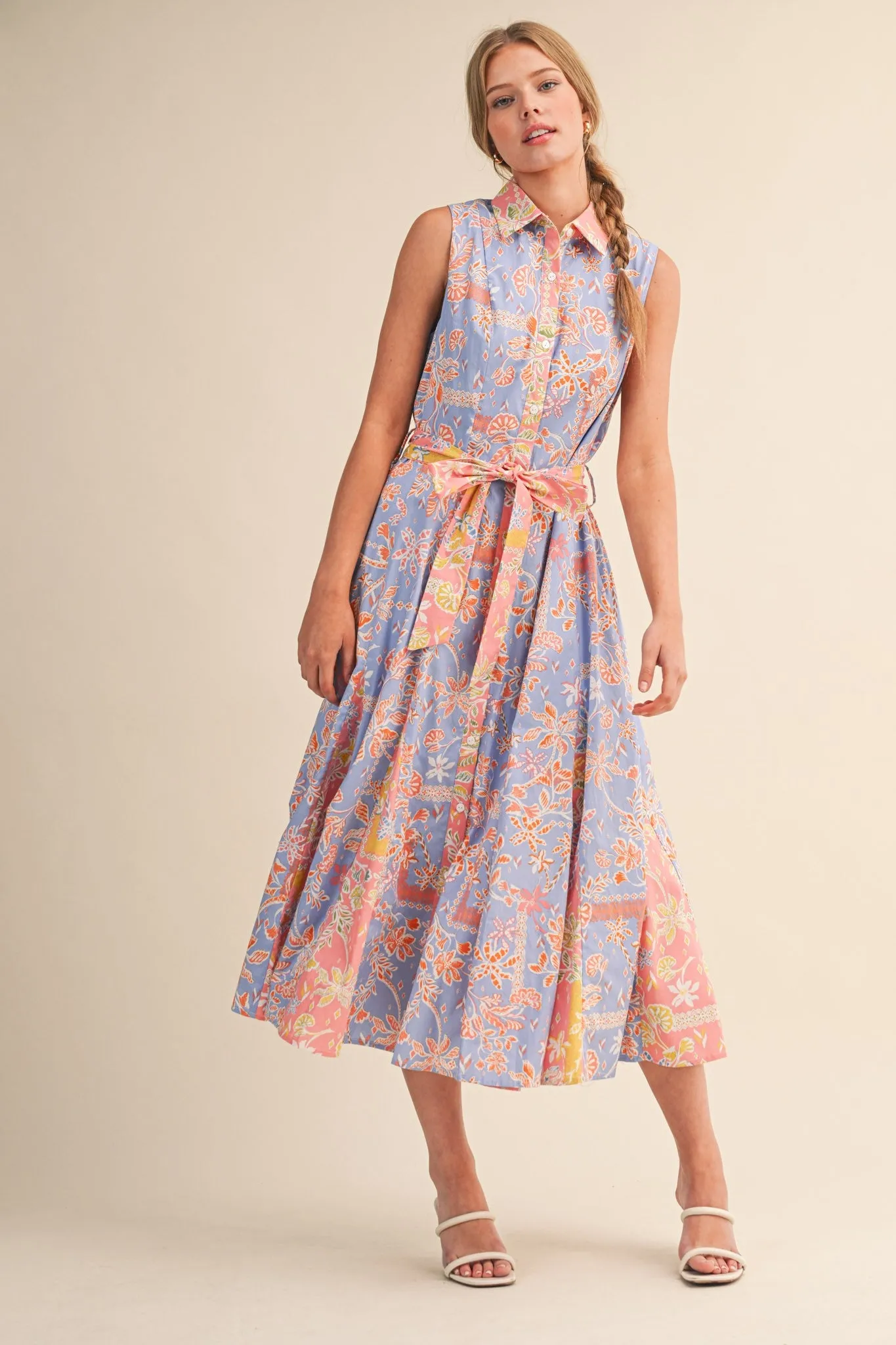 Cornflower Blue Colorblock Floral Button Down Midi Dress sold by Pinkblush product image thumbnail 2
