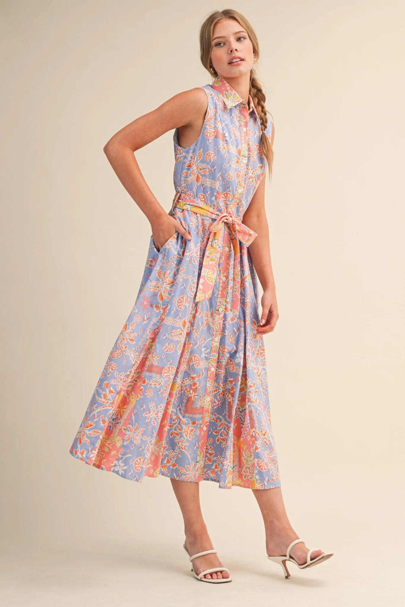 Cornflower Blue Colorblock Floral Button Down Midi Dress sold by Pinkblush product image thumbnail 3