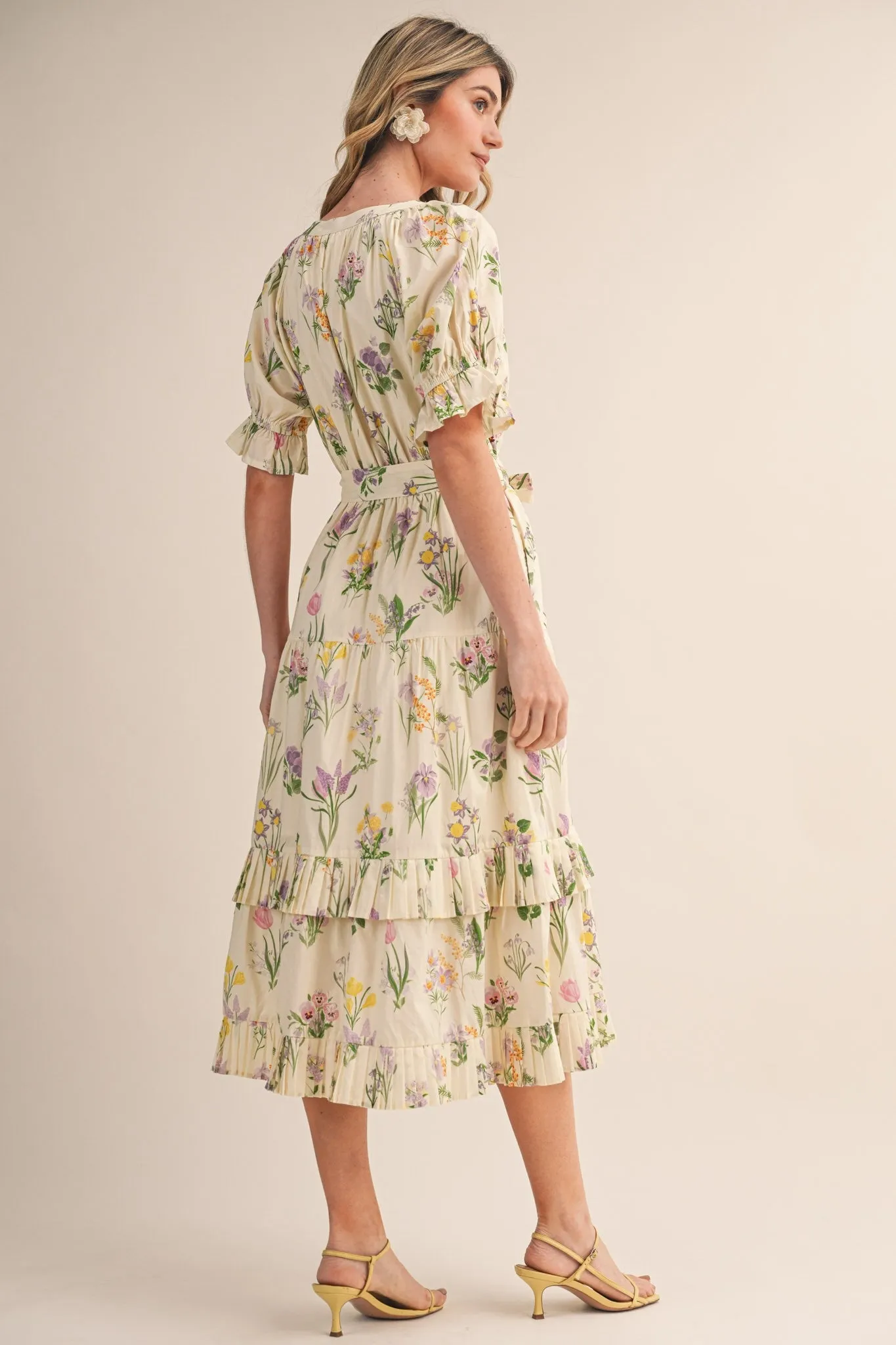Cream Floral Belted Tiered Midi Dress sold by Pinkblush product image thumbnail 4