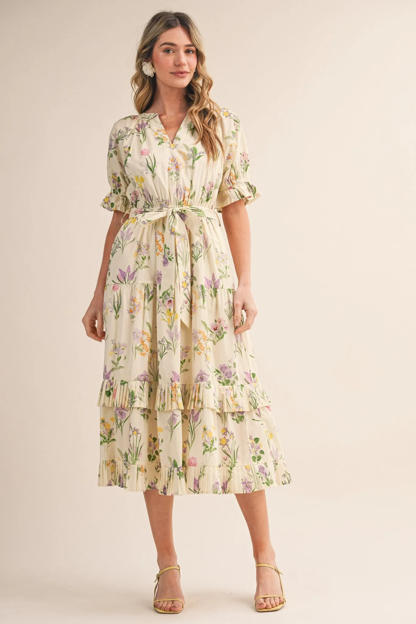 Cream Floral Belted Tiered Midi Dress sold by Pinkblush