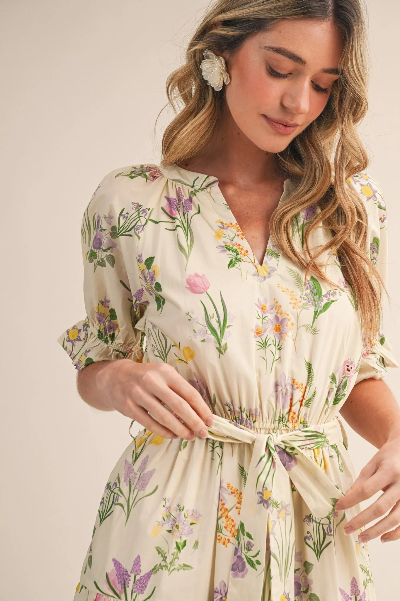 Cream Floral Belted Tiered Midi Dress sold by Pinkblush product image thumbnail 5