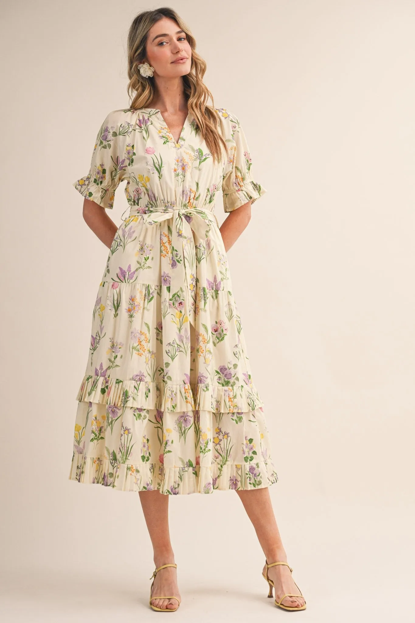 Cream Floral Belted Tiered Midi Dress sold by Pinkblush product image thumbnail 2