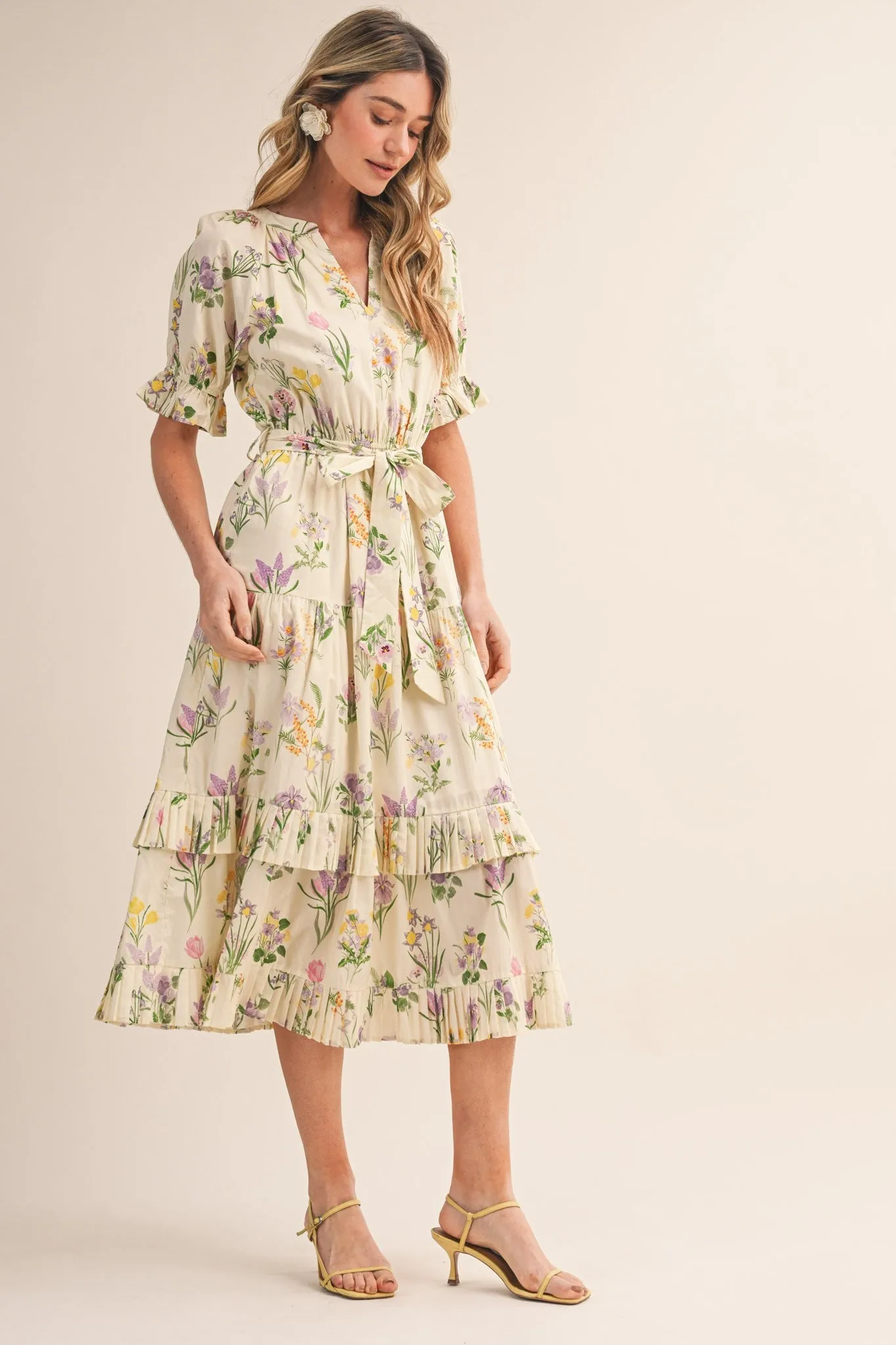 Cream Floral Belted Tiered Midi Dress sold by Pinkblush product image thumbnail 3