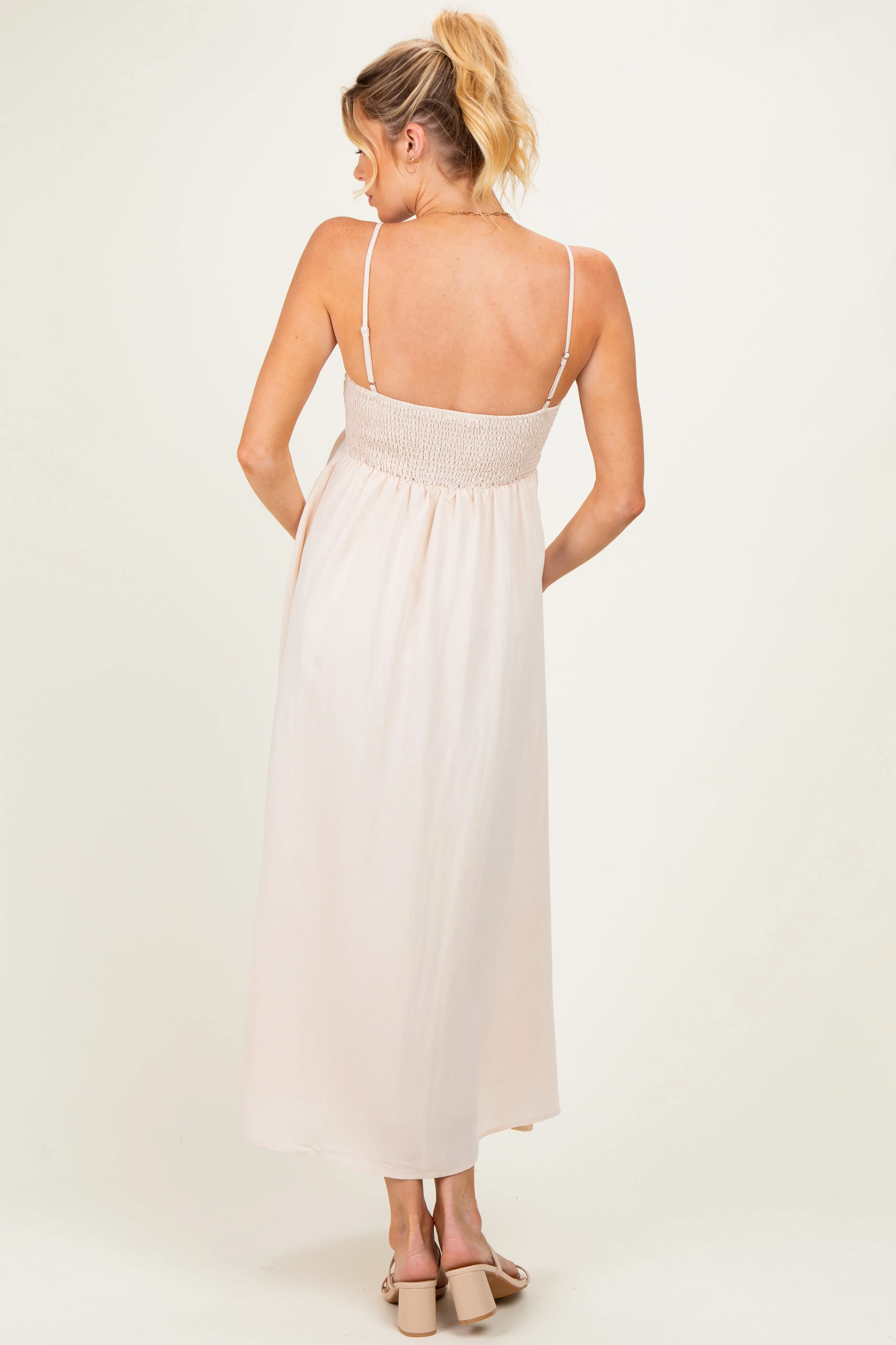 Light Khaki Pintuck Detail Sleeveless Maternity Maxi Dress sold by Pinkblush product image thumbnail 3