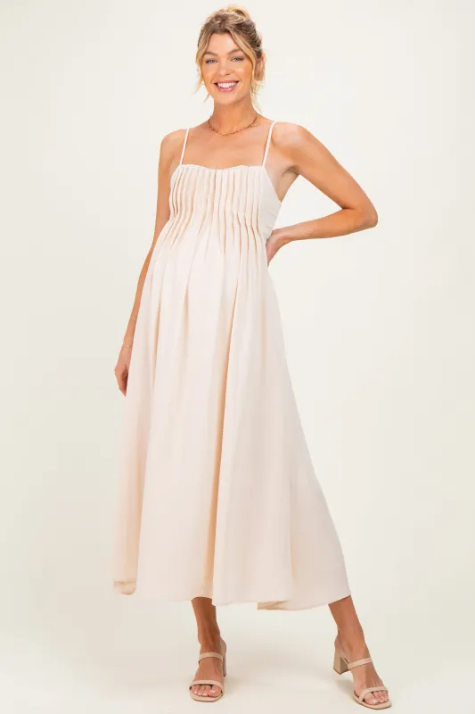 Light Khaki Pintuck Detail Sleeveless Maternity Maxi Dress made by Blu Pepper