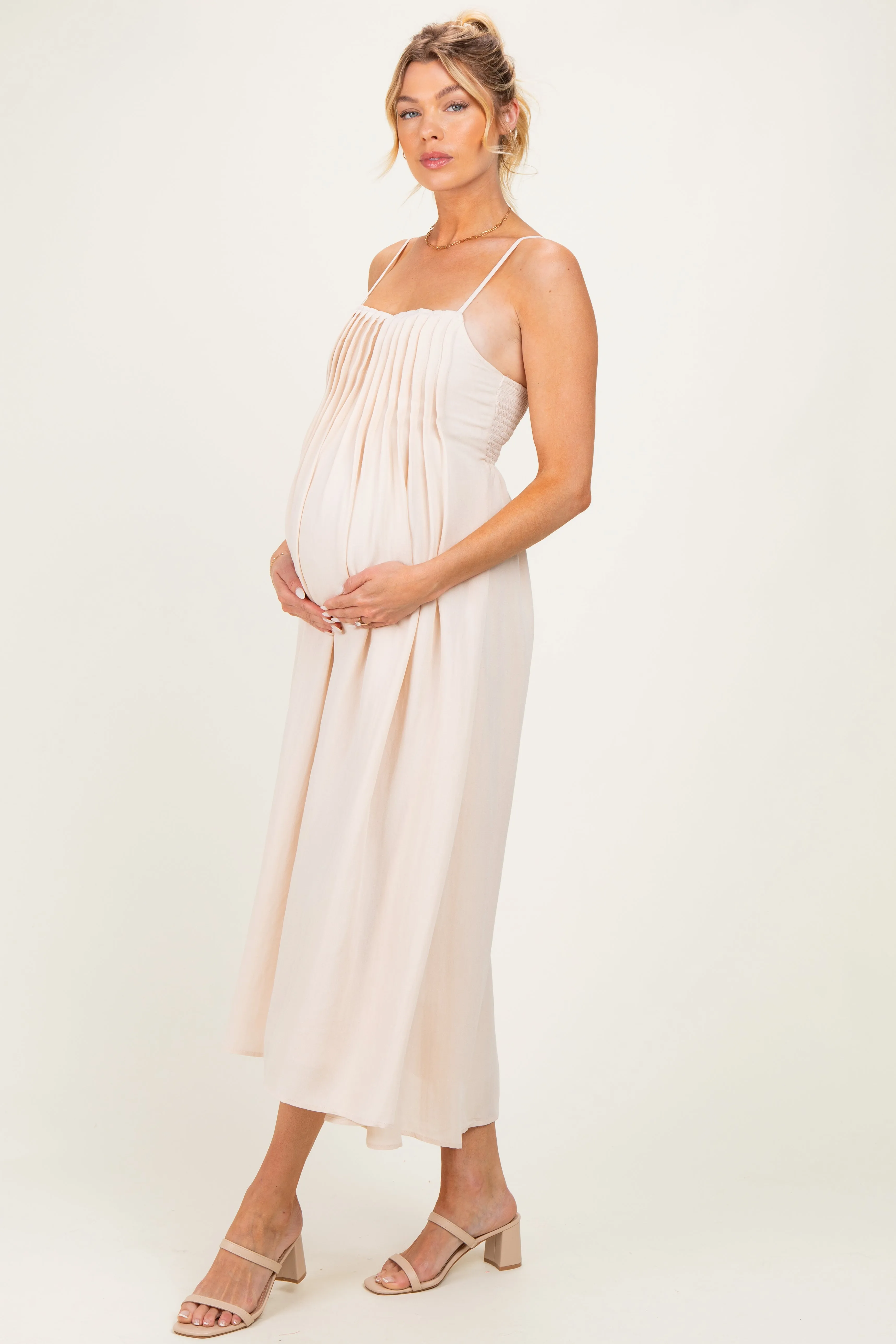 Light Khaki Pintuck Detail Sleeveless Maternity Maxi Dress sold by Pinkblush product image thumbnail 2