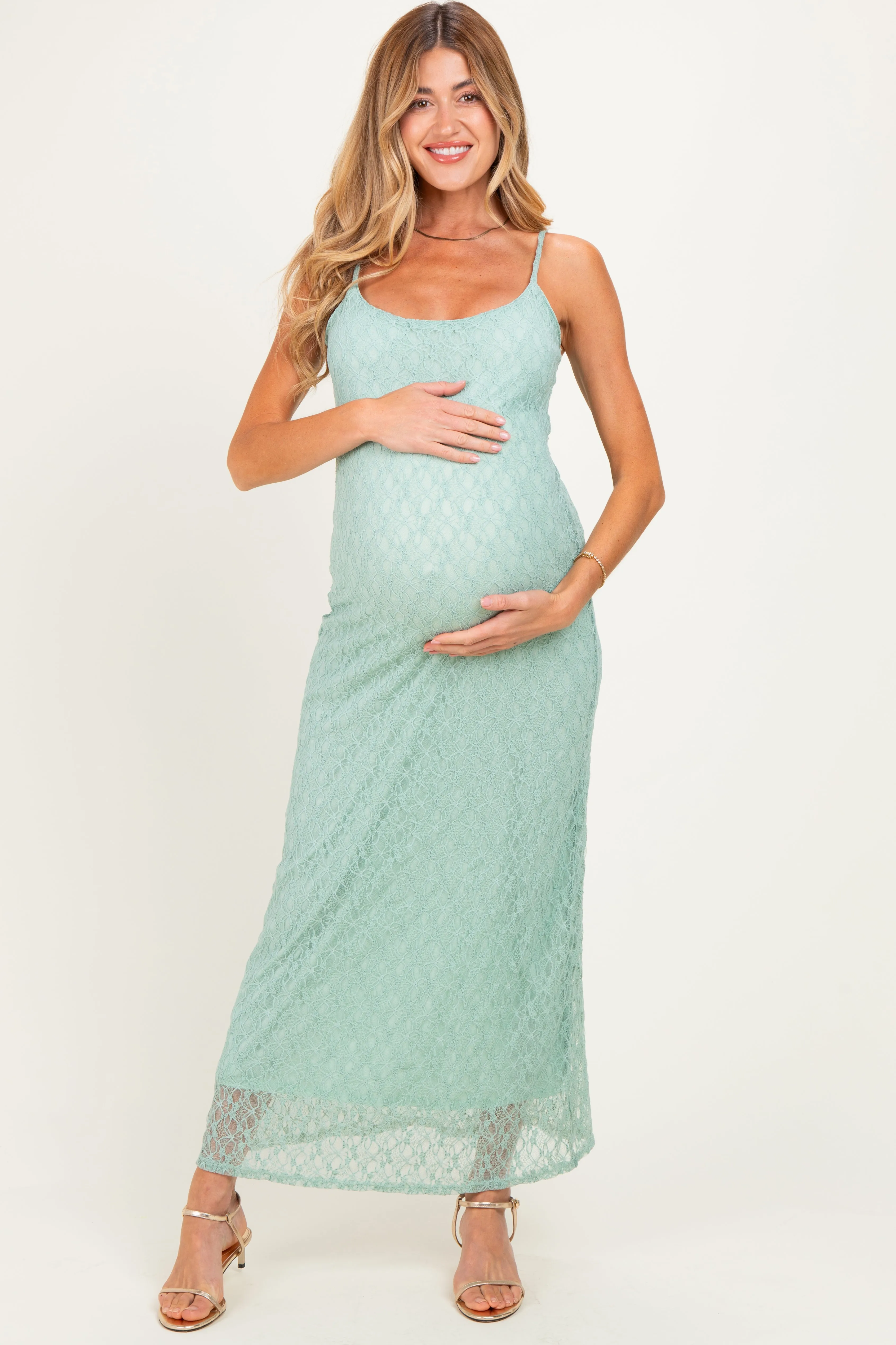 Sage Sleeveless Lace Square Neck Maternity Maxi Dress sold by Pinkblush