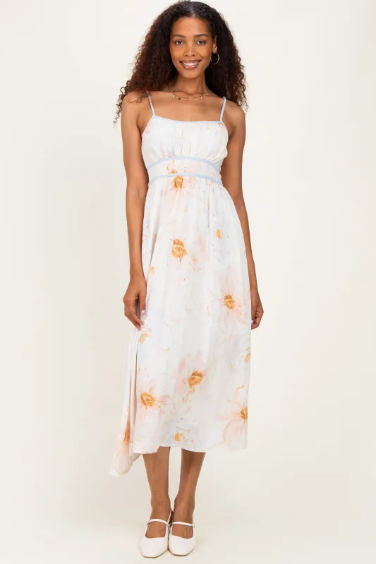 Tan Watercolor Floral Shoulder Tie Midi Dress made by Pinkblush