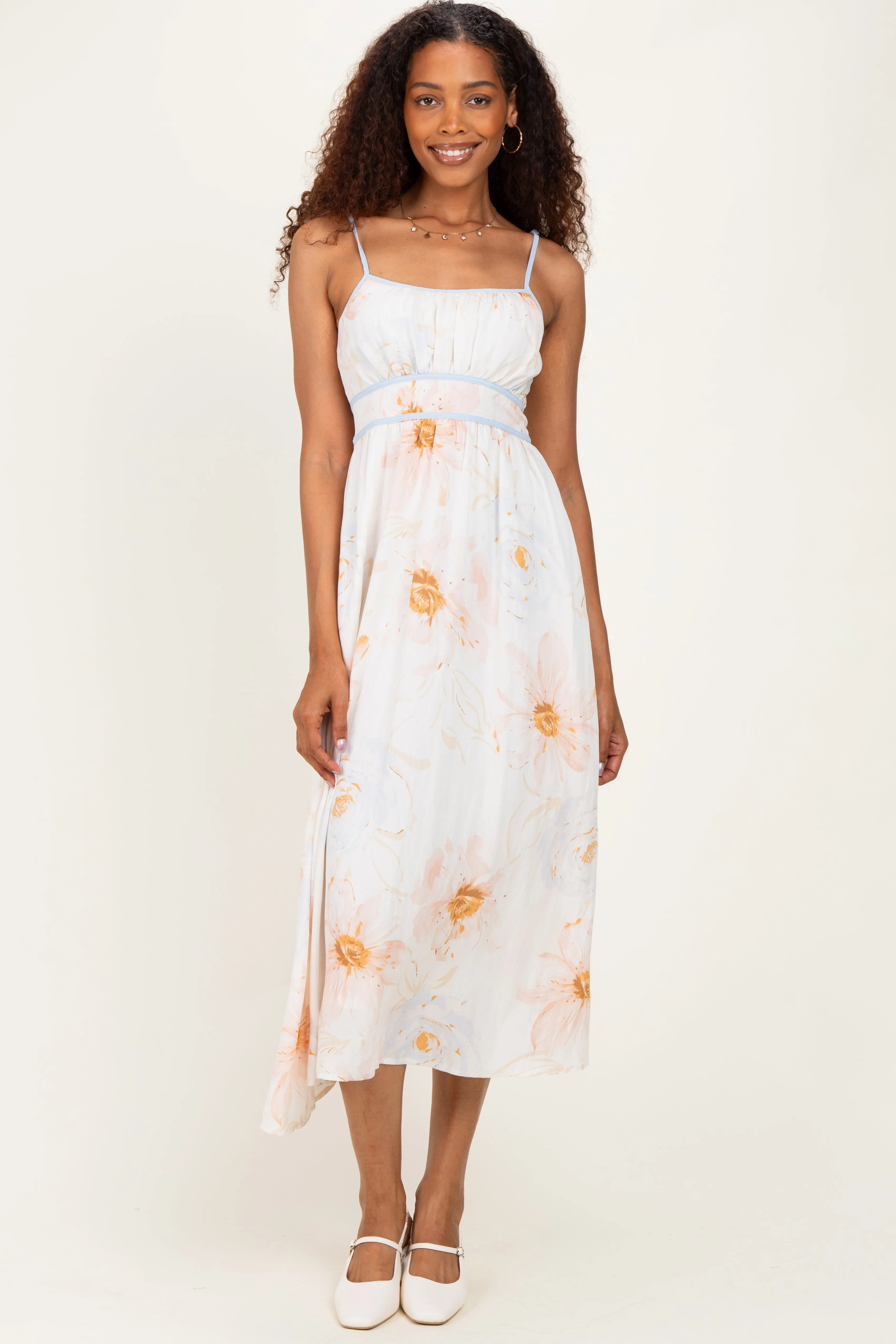 Tan Watercolor Floral Shoulder Tie Midi Dress sold by Pinkblush