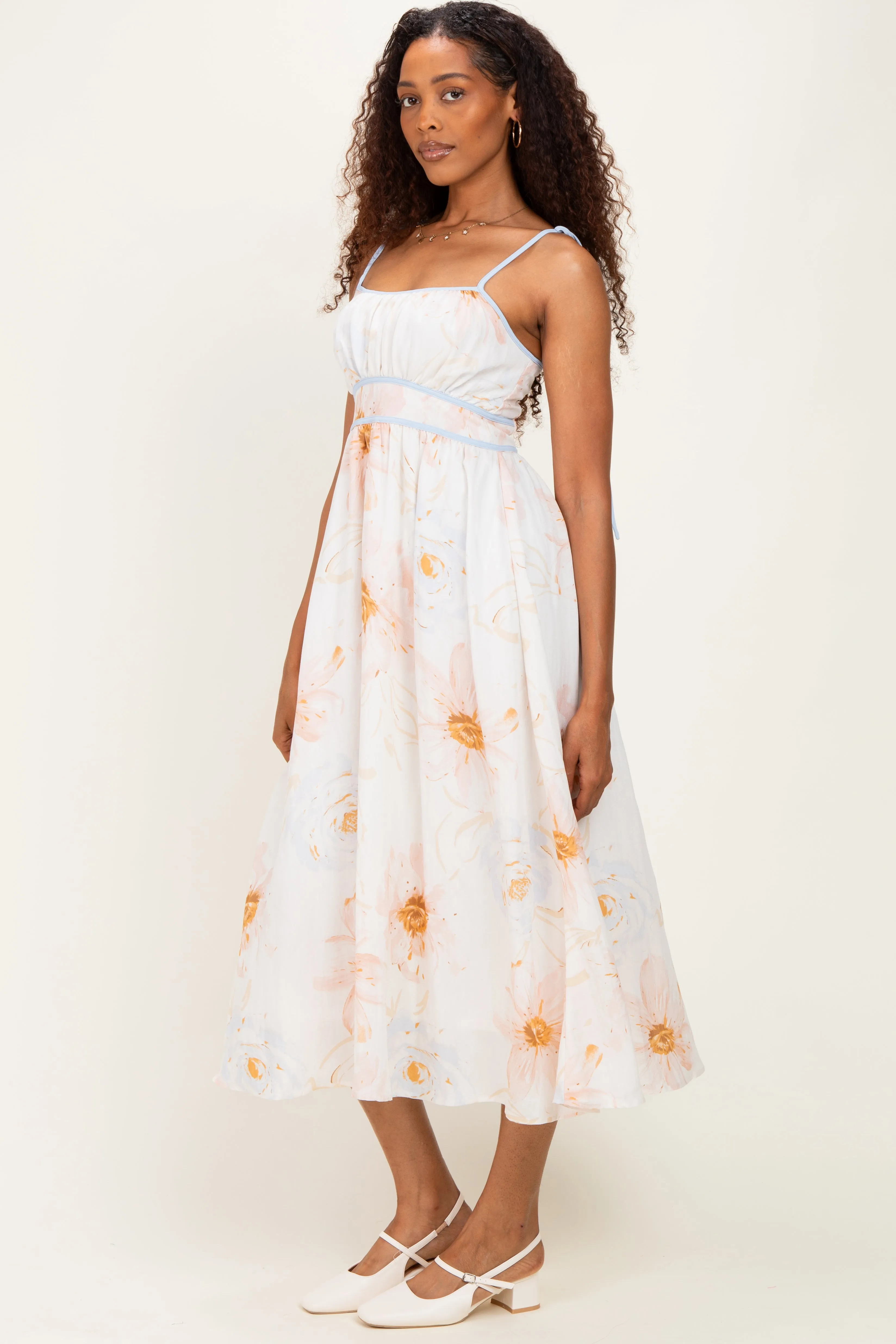 Tan Watercolor Floral Shoulder Tie Midi Dress sold by Pinkblush product image thumbnail 2