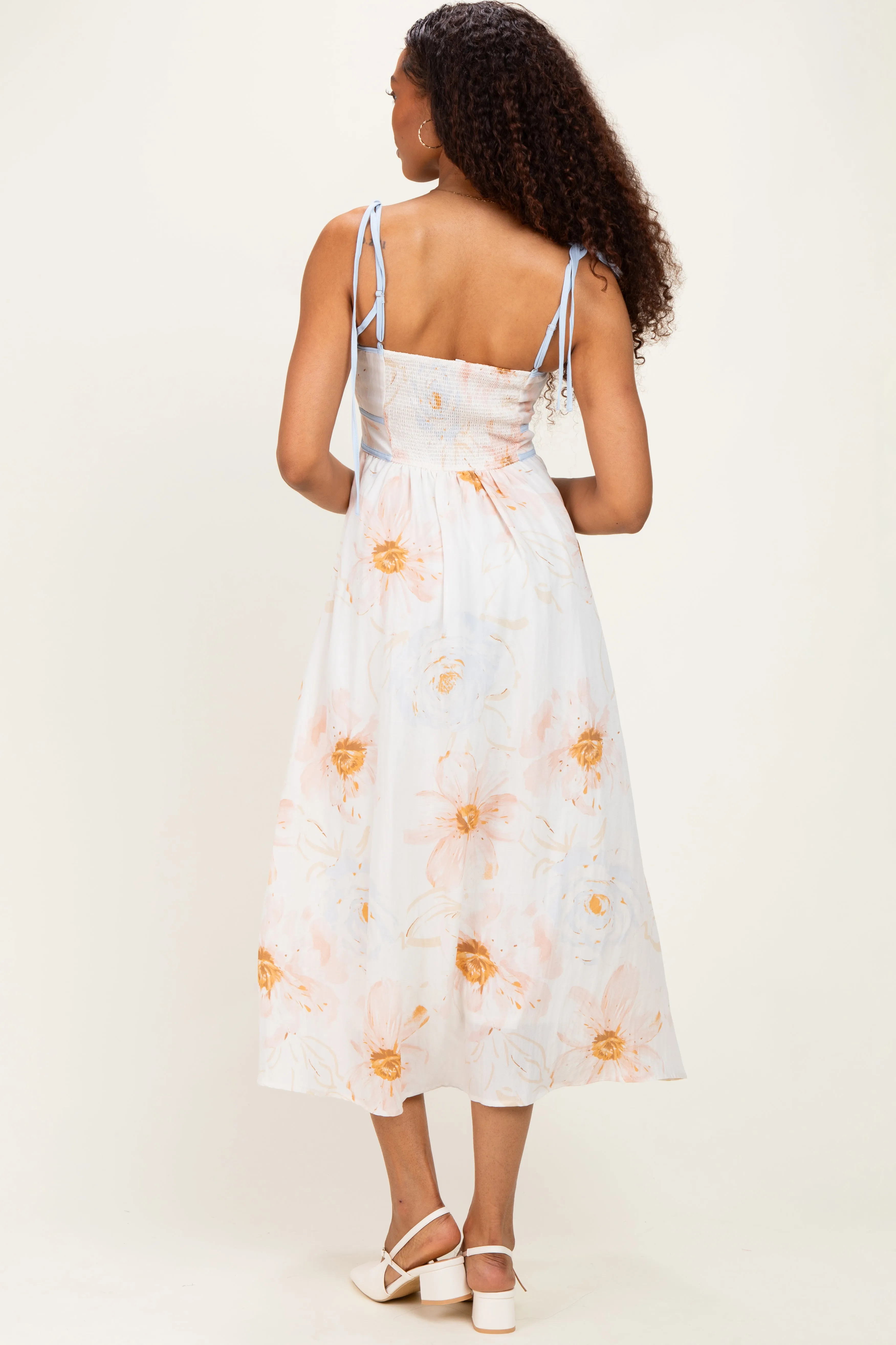 Tan Watercolor Floral Shoulder Tie Midi Dress sold by Pinkblush product image thumbnail 3