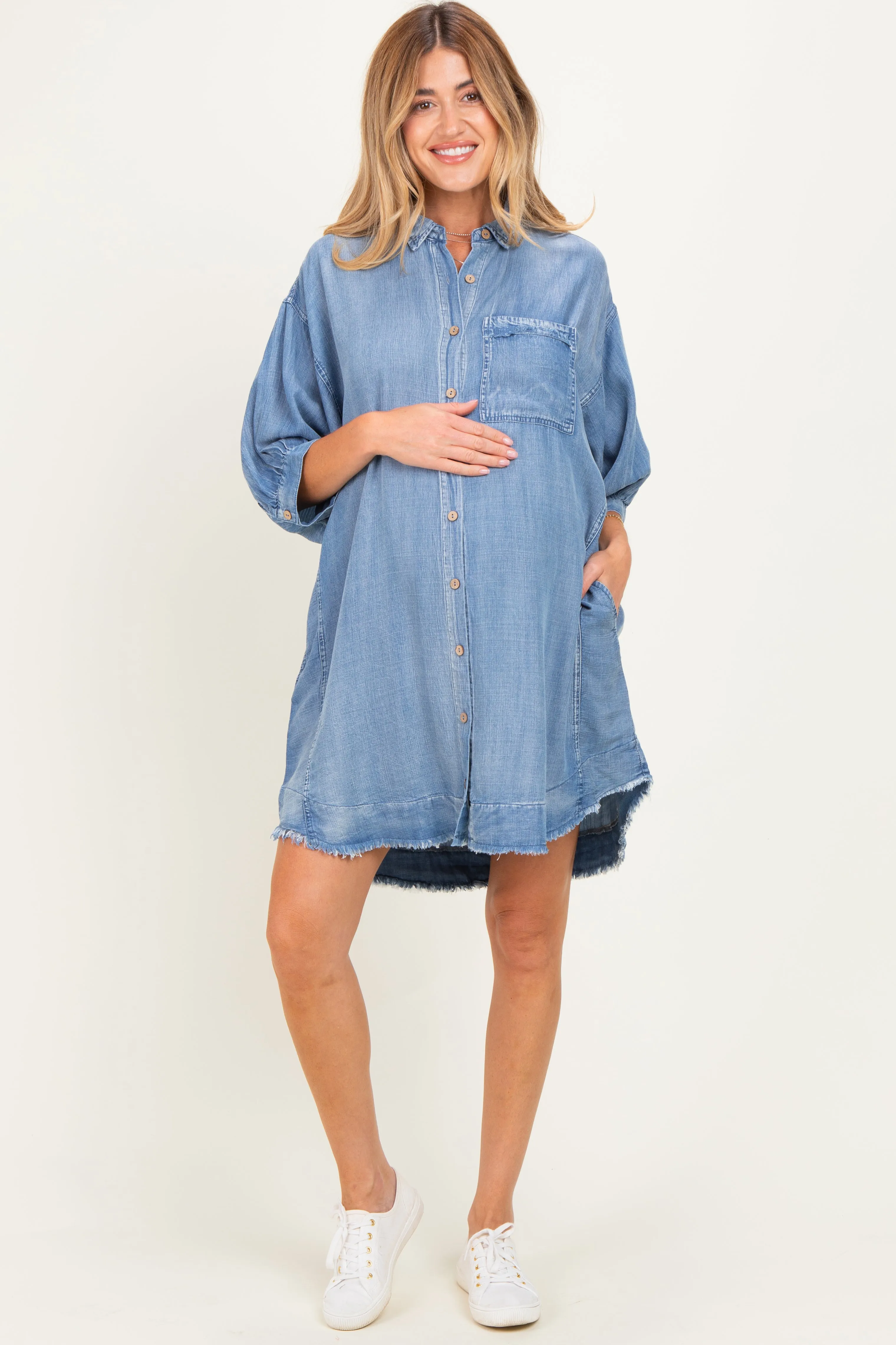 Light Denim Chambray Dolman Sleeve Maternity Shirt Dress sold by Pinkblush product image thumbnail 2