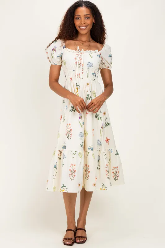 Ivory Floral Puff Sleeve Midi Dress made by So Me