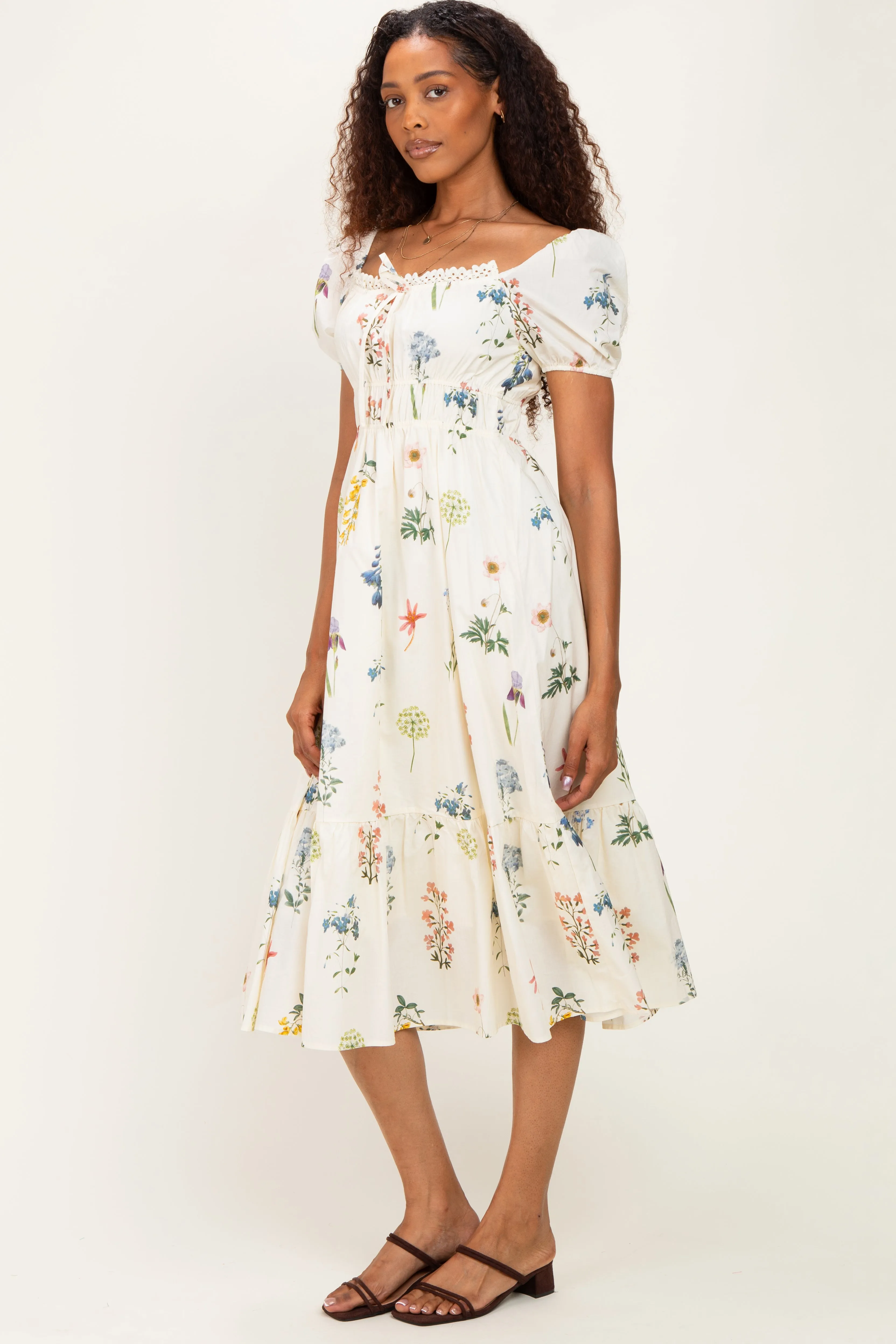 Ivory Floral Puff Sleeve Midi Dress sold by Pinkblush product image thumbnail 2