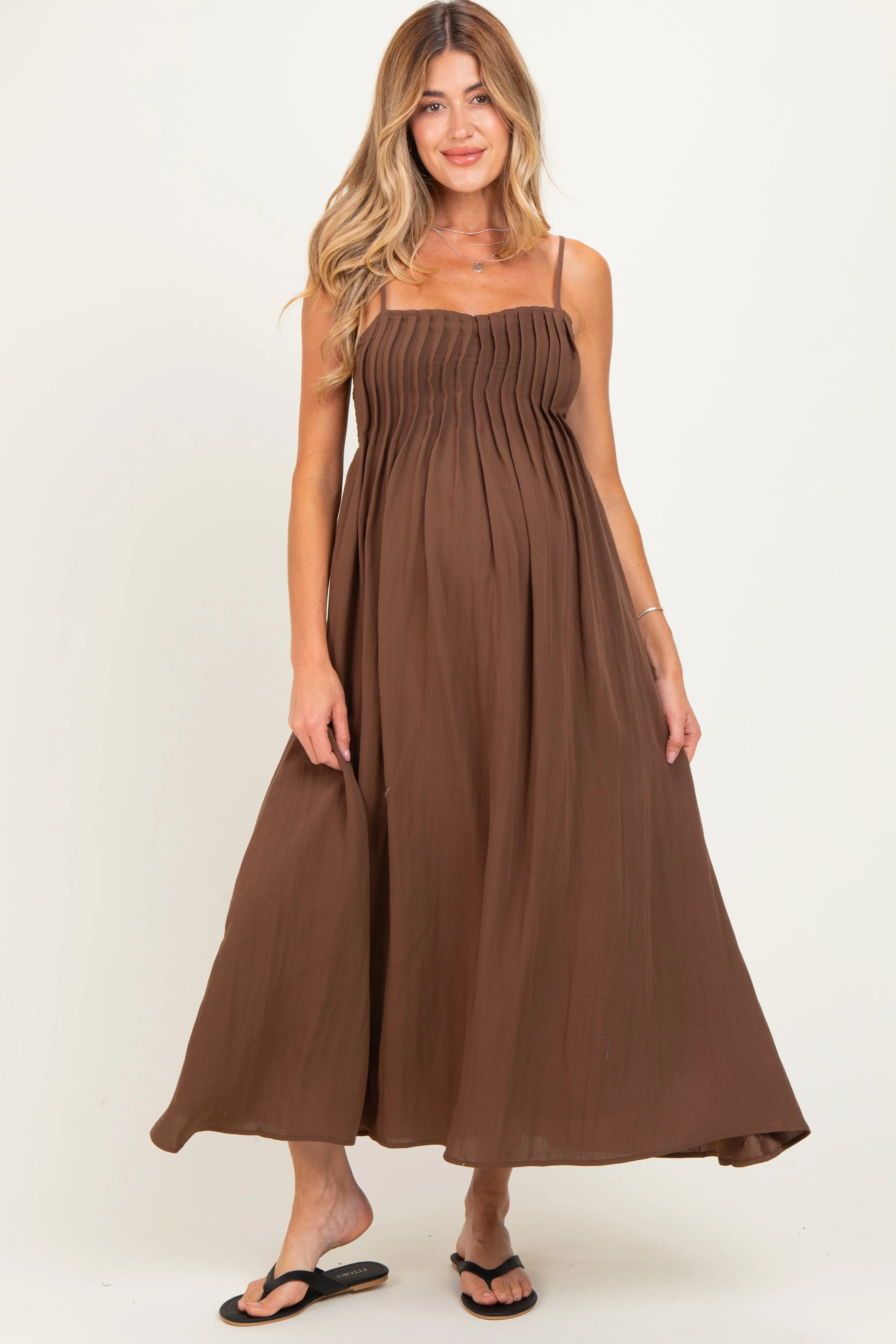 Dark Brown Pintuck Detail Sleeveless Maternity Maxi Dress sold by Pinkblush