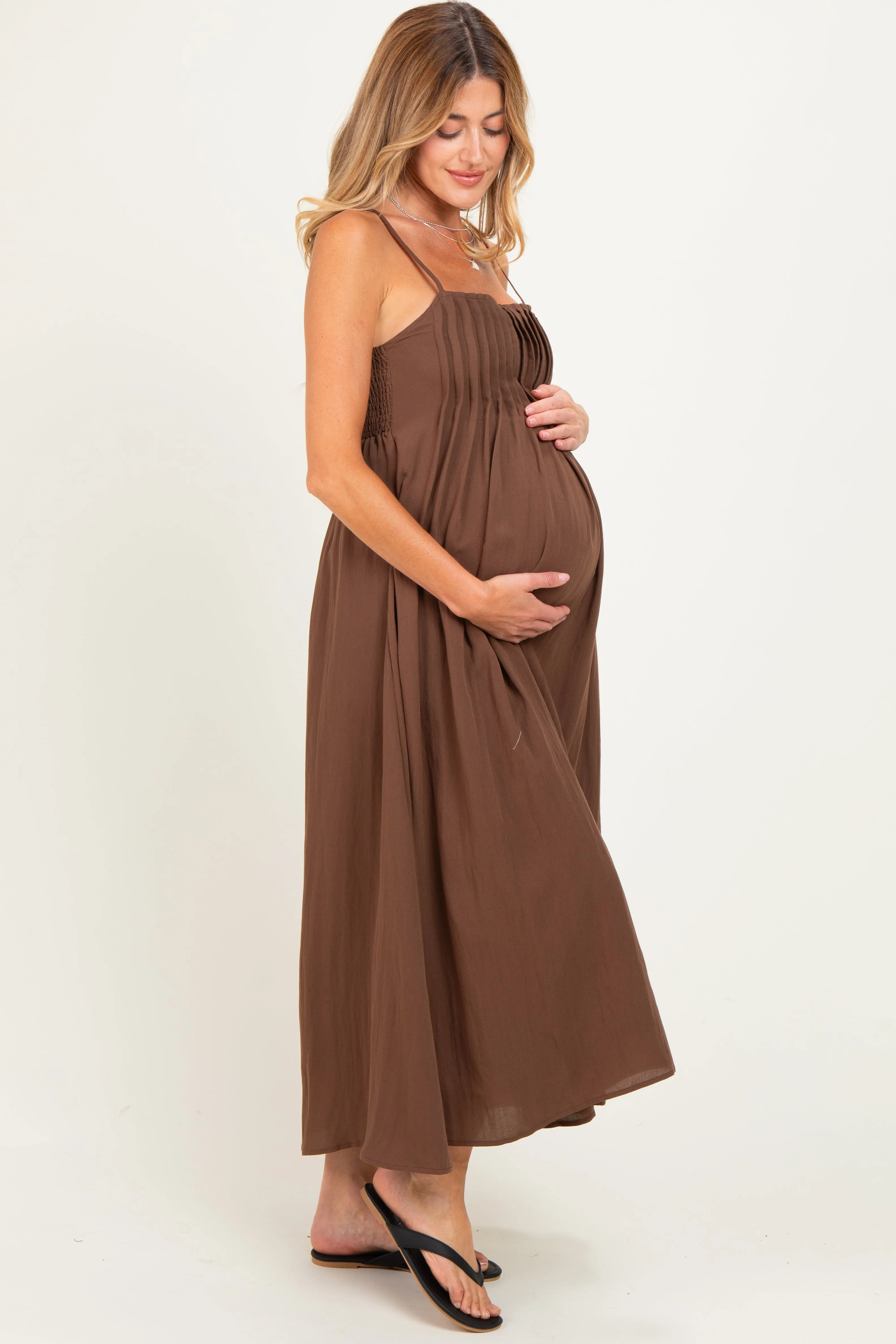 Dark Brown Pintuck Detail Sleeveless Maternity Maxi Dress sold by Pinkblush product image thumbnail 2