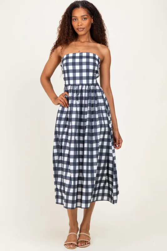 Navy Gingham Strapless Midi Dress made by entro
