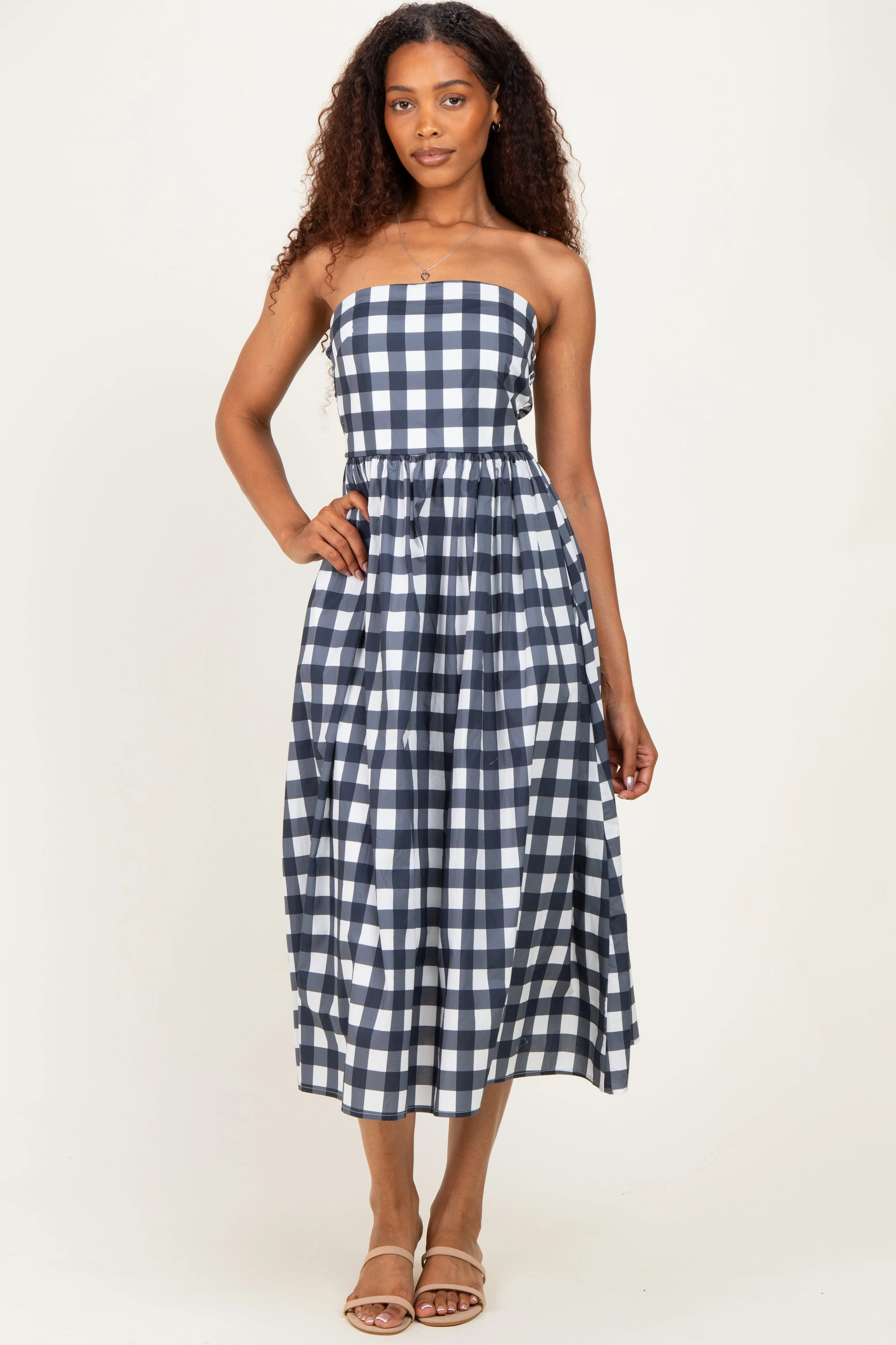 Navy Gingham Strapless Midi Dress sold by Pinkblush