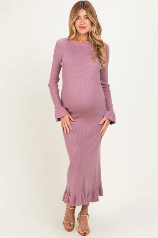 Mauve Ribbed Knit Bow Back Maternity Maxi Dress made by Able