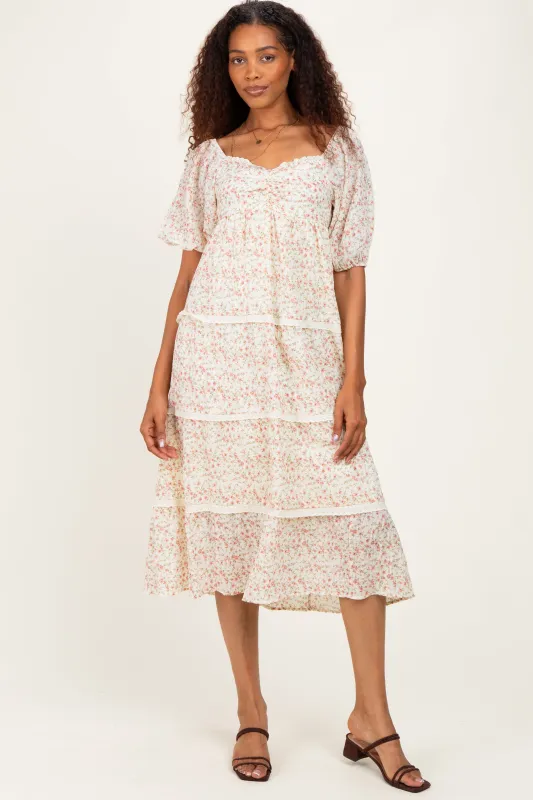 Butter Floral Lace Trim Tiered Midi Dress made by BaeVely