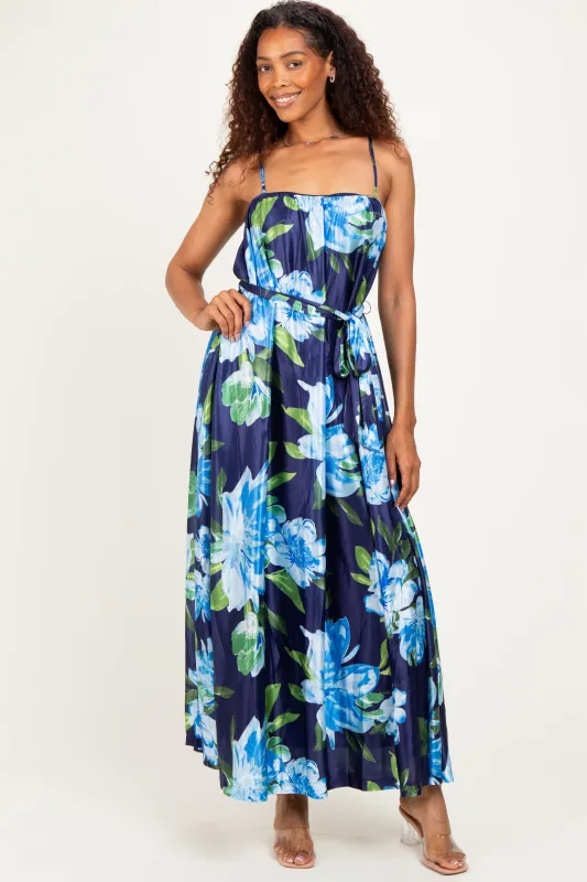 Navy Floral Waist Tie Maxi Dress made by Flying Tomato
