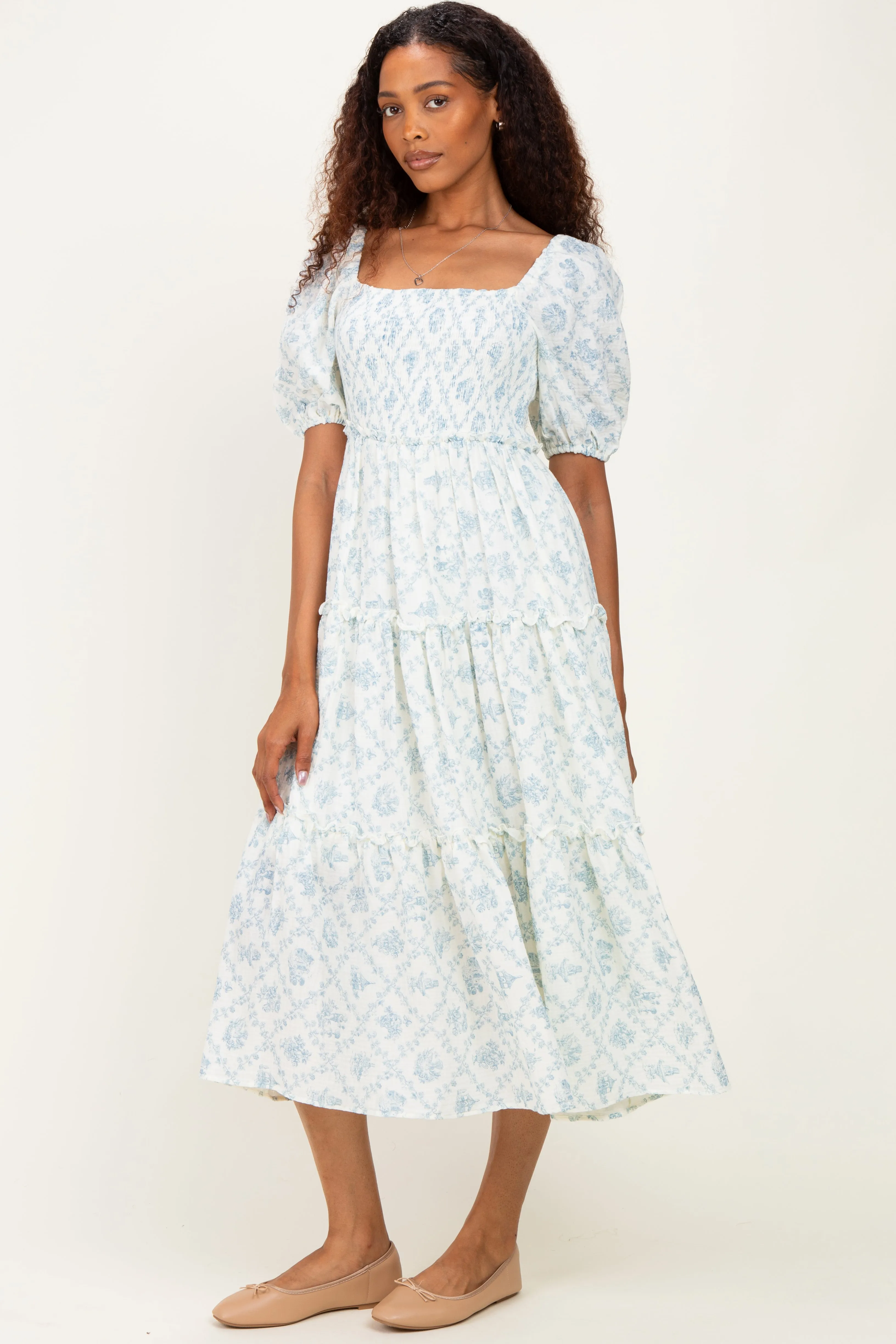 Blue Floral Puff Sleeve Ruffle Tiered Maxi Dress sold by Pinkblush product image thumbnail 2