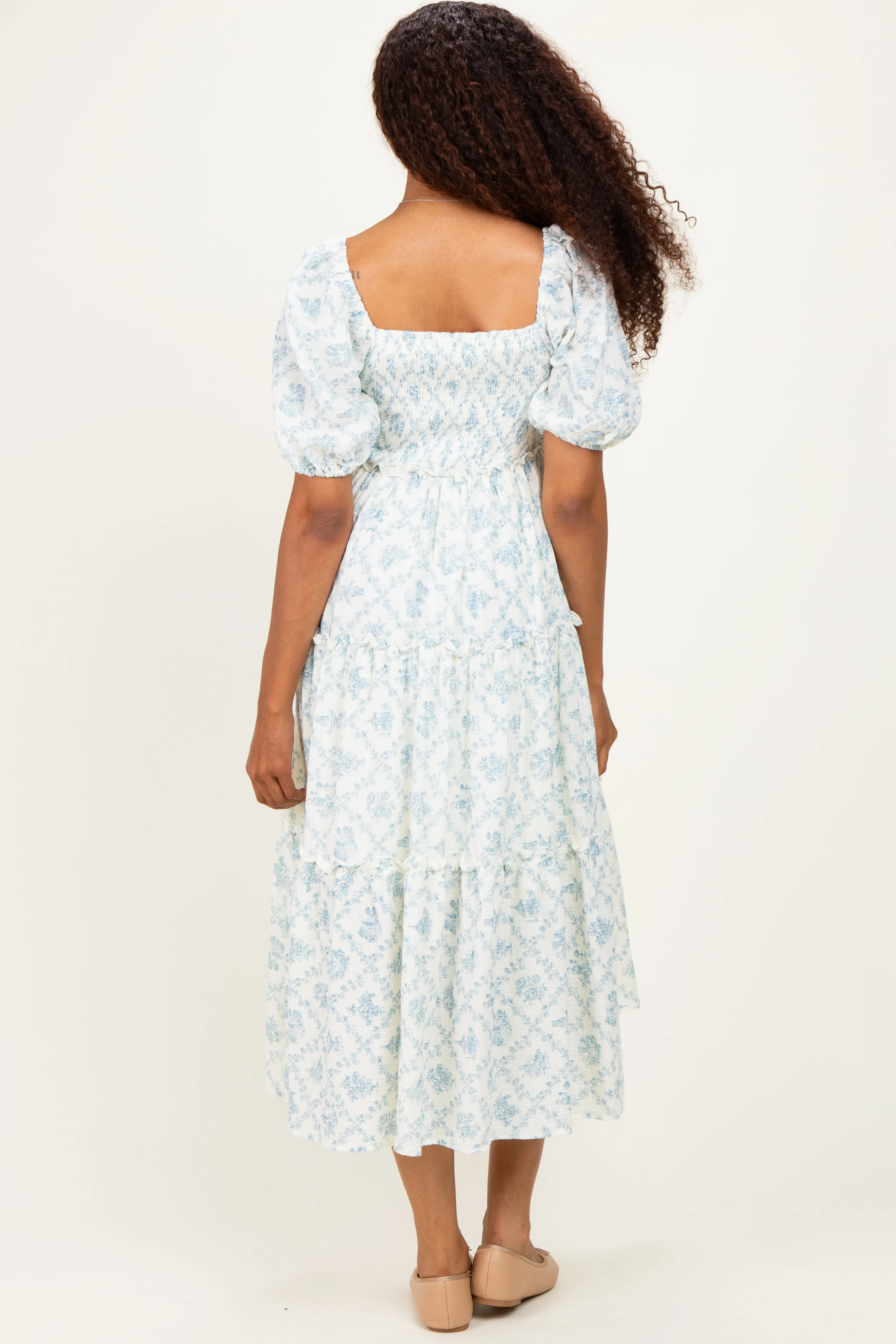 Blue Floral Puff Sleeve Ruffle Tiered Maxi Dress sold by Pinkblush product image thumbnail 3