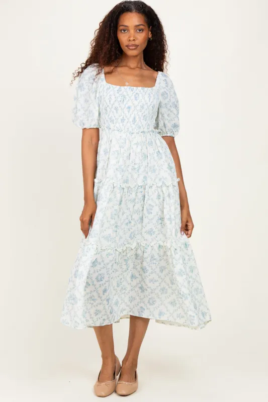 Blue Floral Puff Sleeve Ruffle Tiered Maxi Dress made by Pinkblush