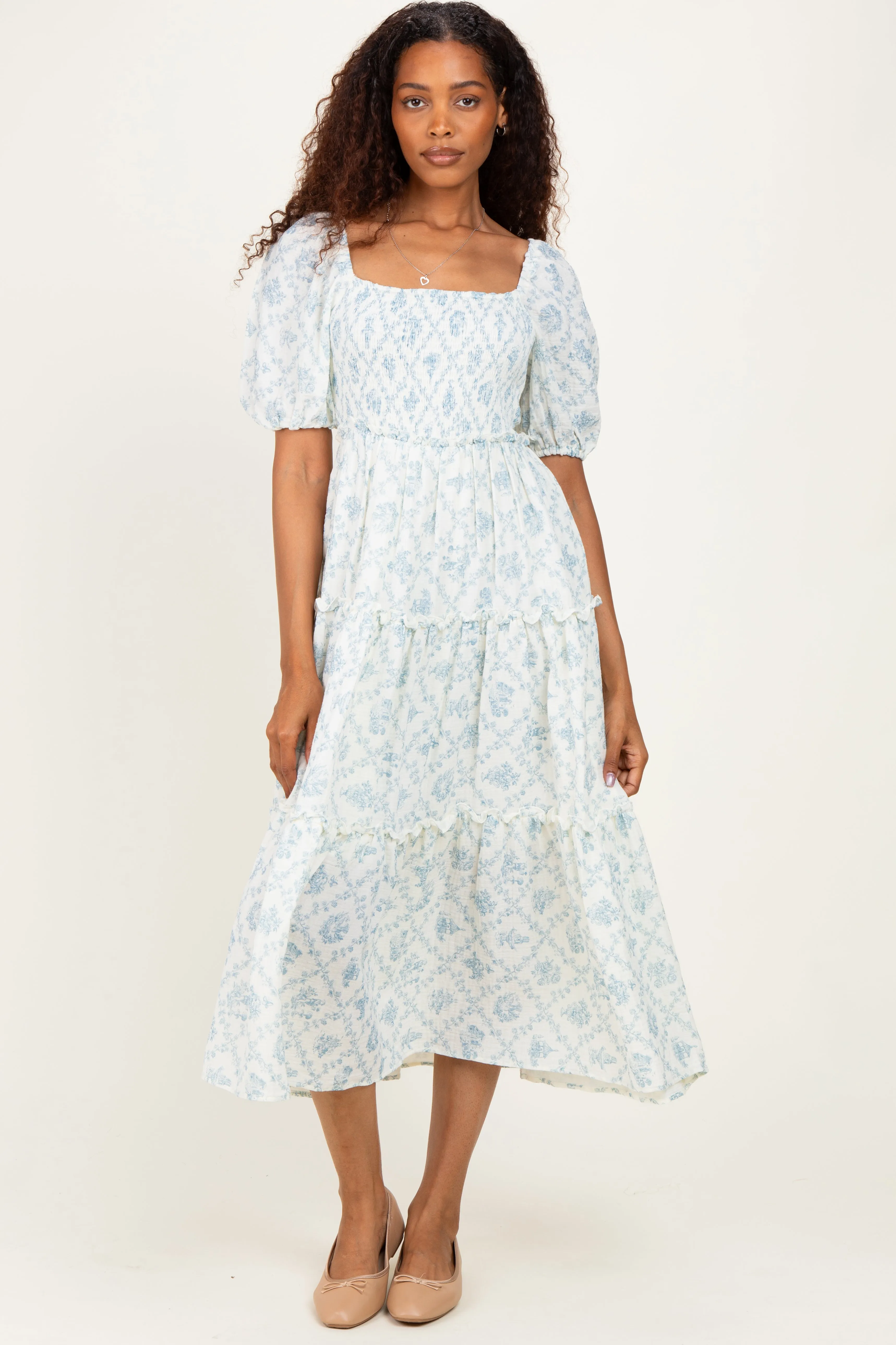 Blue Floral Puff Sleeve Ruffle Tiered Maxi Dress sold by Pinkblush