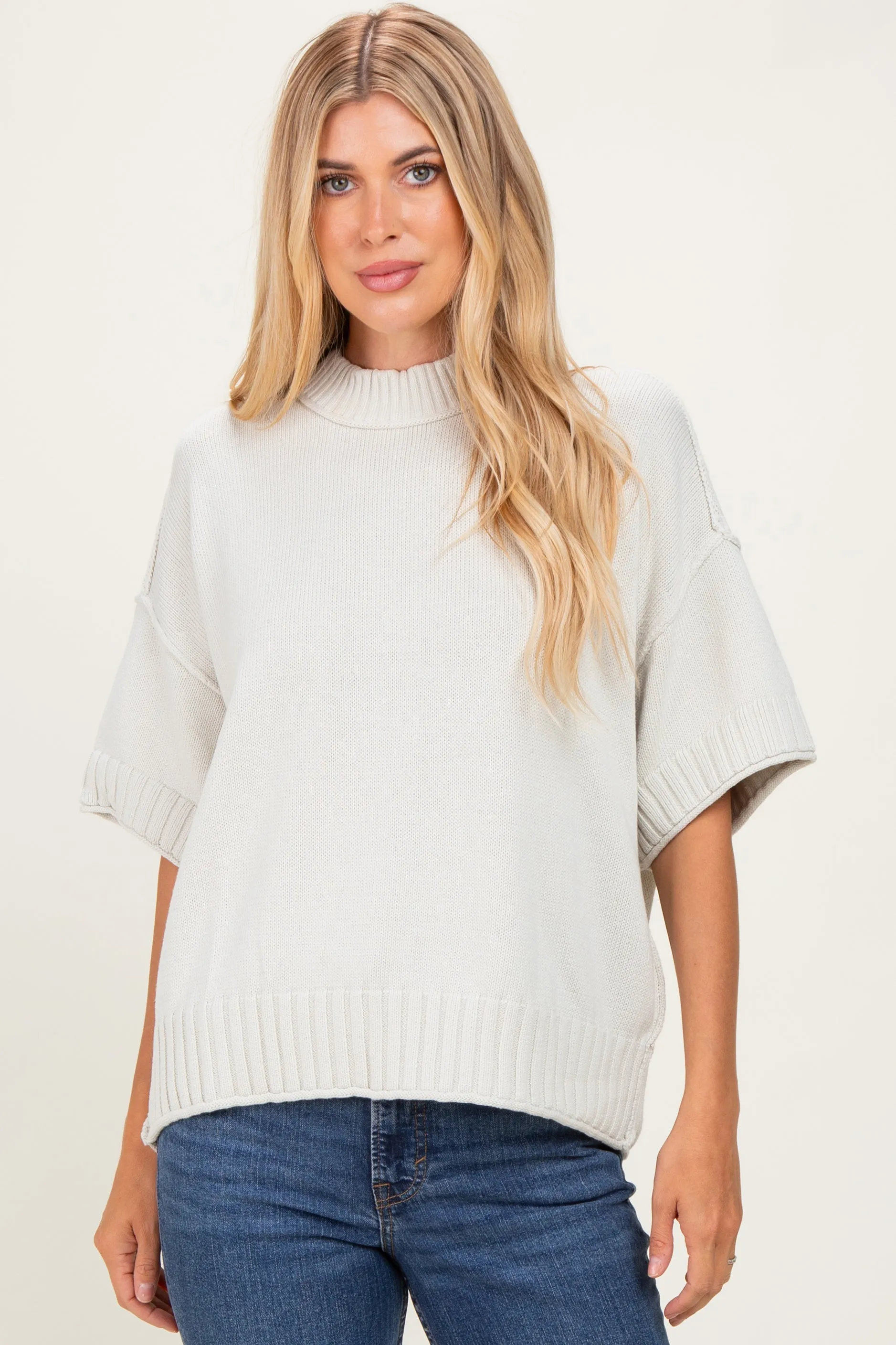 Light Silver Oversized Mock Neck Short Sleeve Sweater sold by Pinkblush product image thumbnail 2