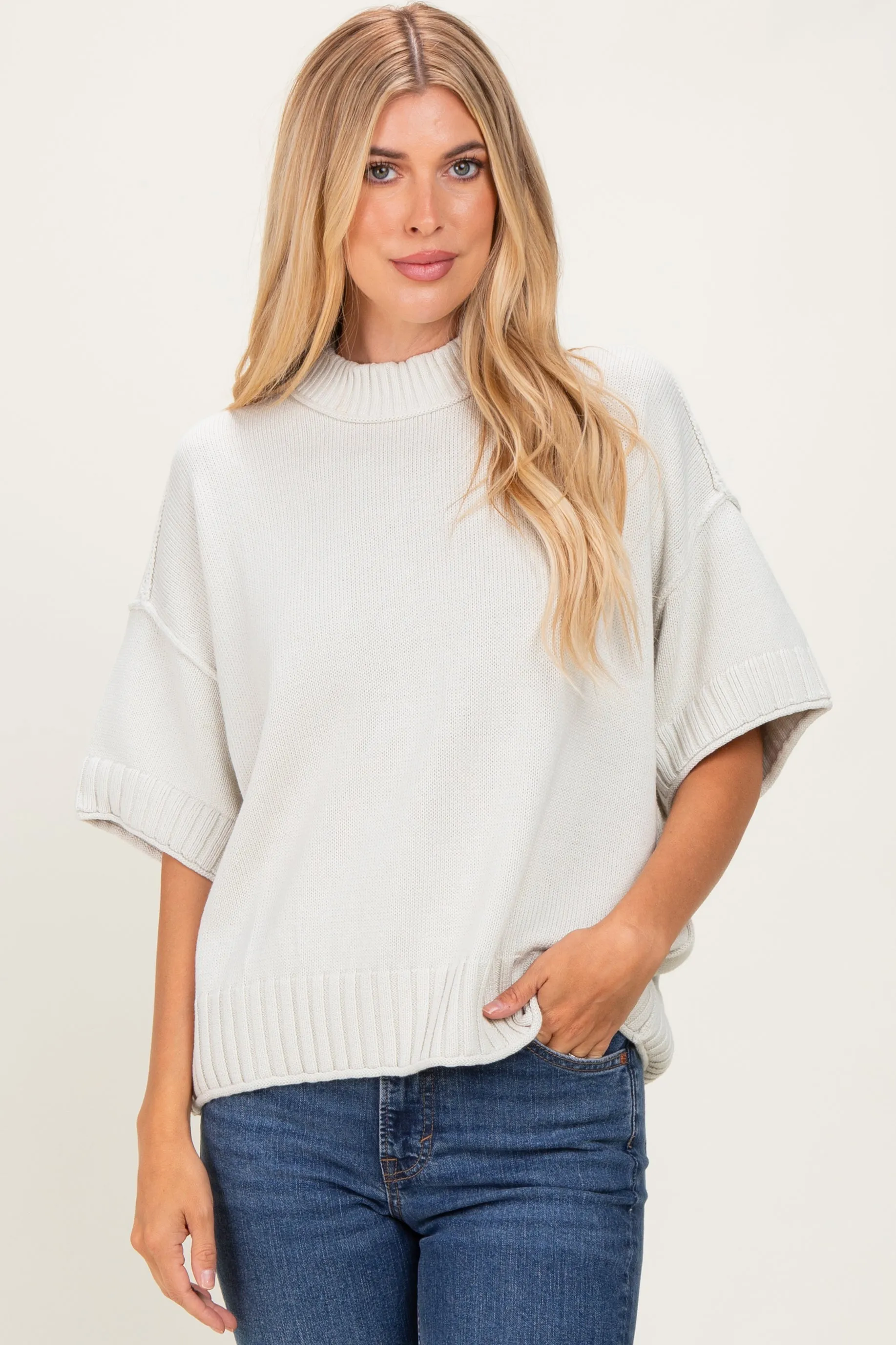 Light Silver Oversized Mock Neck Short Sleeve Sweater sold by Pinkblush