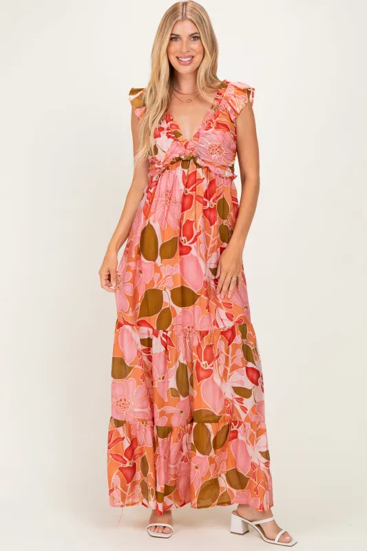 Pink Floral V-Neck Tiered Maxi Dress made by Pinkblush