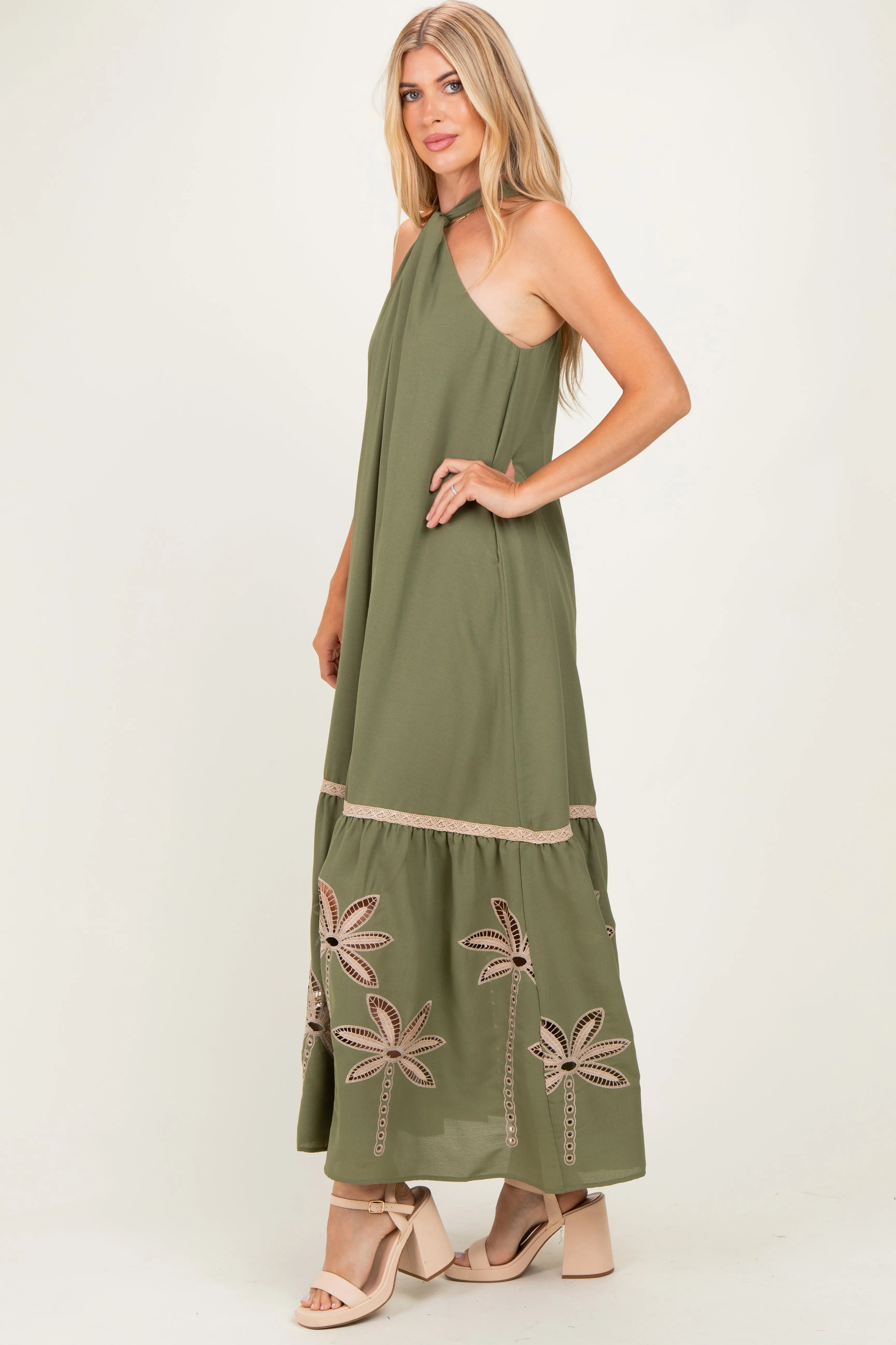 Olive Embroidered Halter Maxi Dress sold by Pinkblush product image thumbnail 2