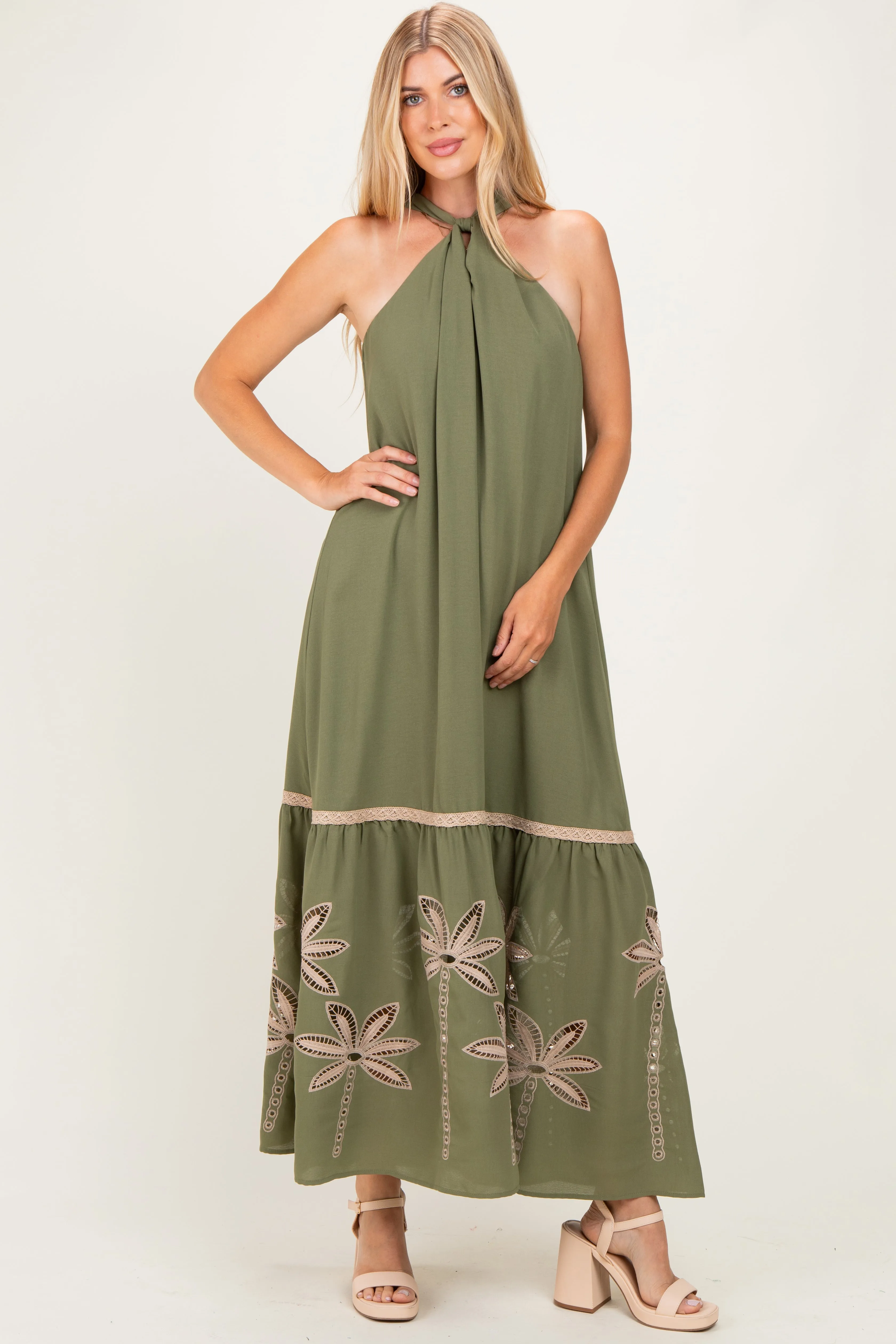 Olive Embroidered Halter Maxi Dress sold by Pinkblush