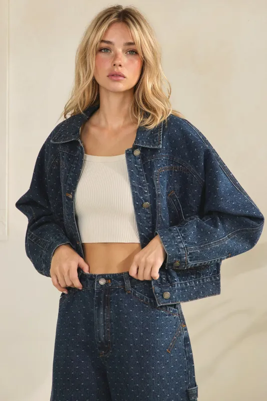 Dark Wash Boho Dotted Denim Jacket made by Veveret