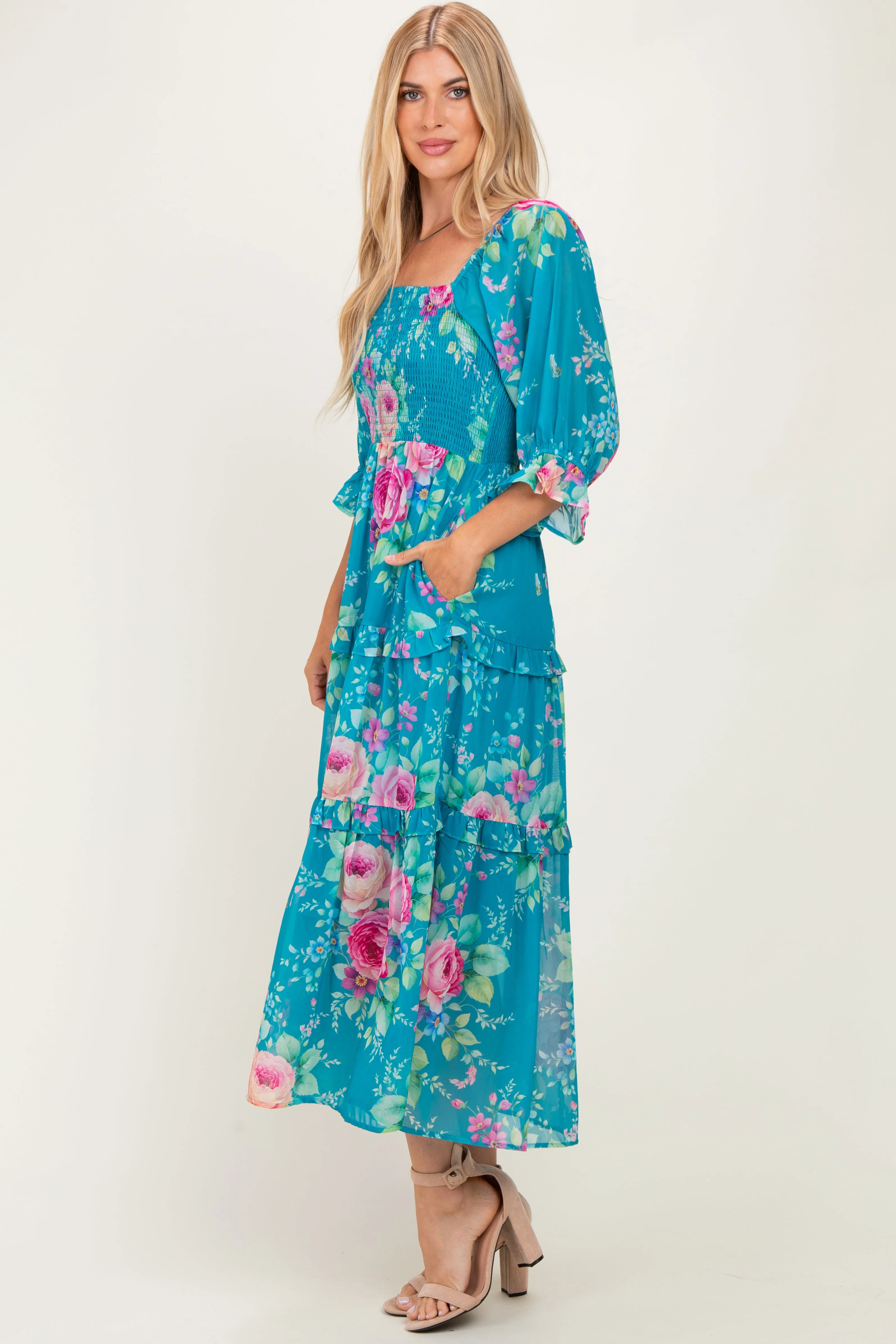 Blue Floral Smocked Chiffon Tiered Maxi Dress sold by Pinkblush product image thumbnail 2