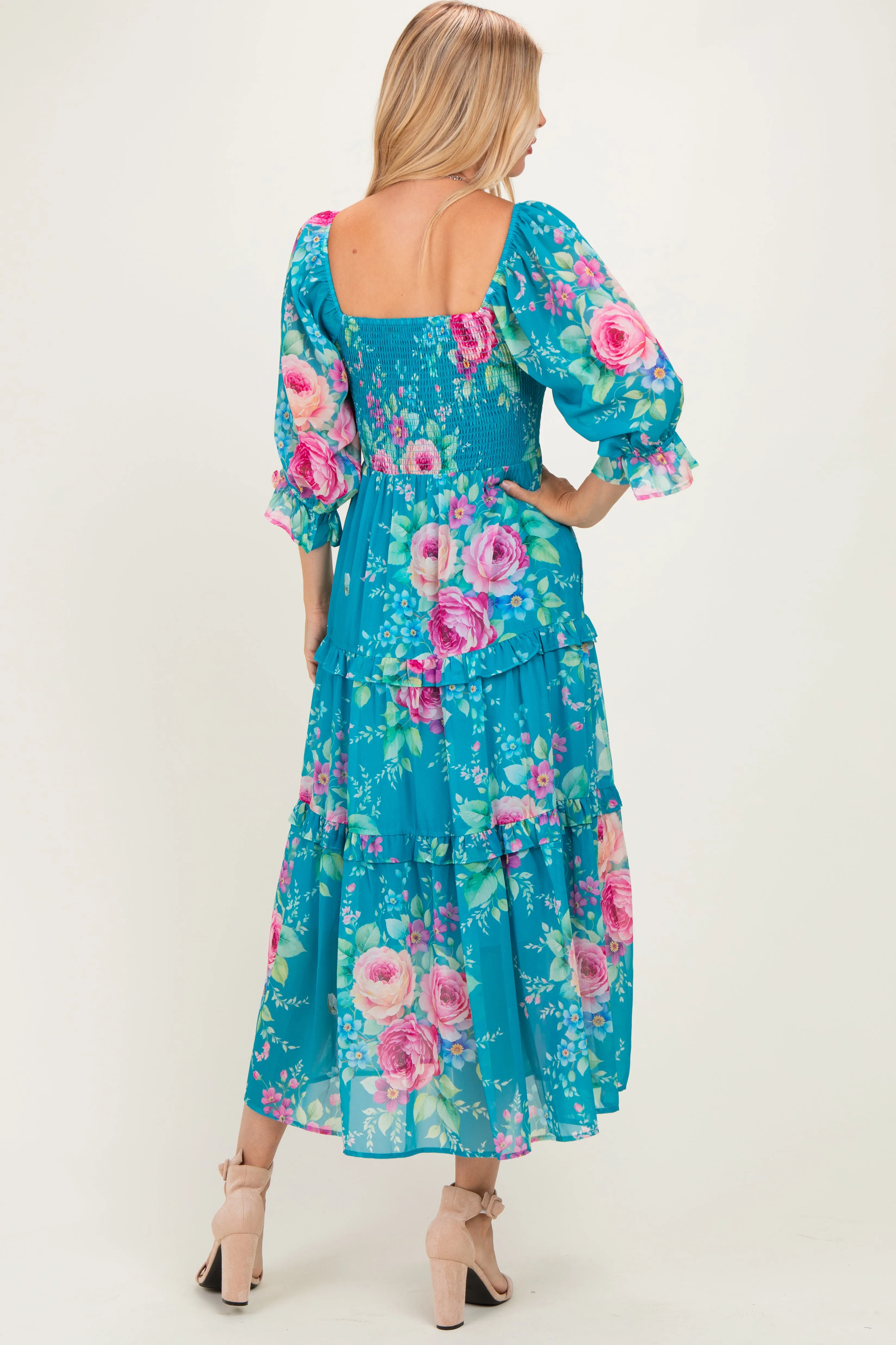 Blue Floral Smocked Chiffon Tiered Maxi Dress sold by Pinkblush product image thumbnail 3